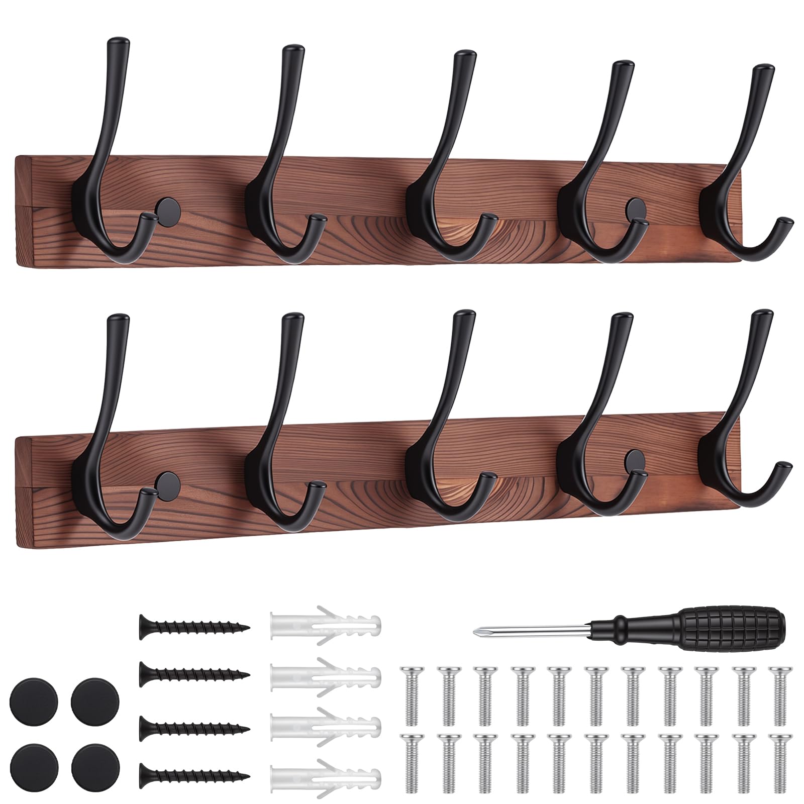 Dntorx 2Pack Wall Mounted Coat Rack with 5 Hooks, 15.8 Inch Wood Coat Hook | Rust-Resistant Metal Hooks, Heavy Duty Wall Hooks, Up To 45 Lb In Studs, Easy Install, For Entryway Bedroom Bathroom
