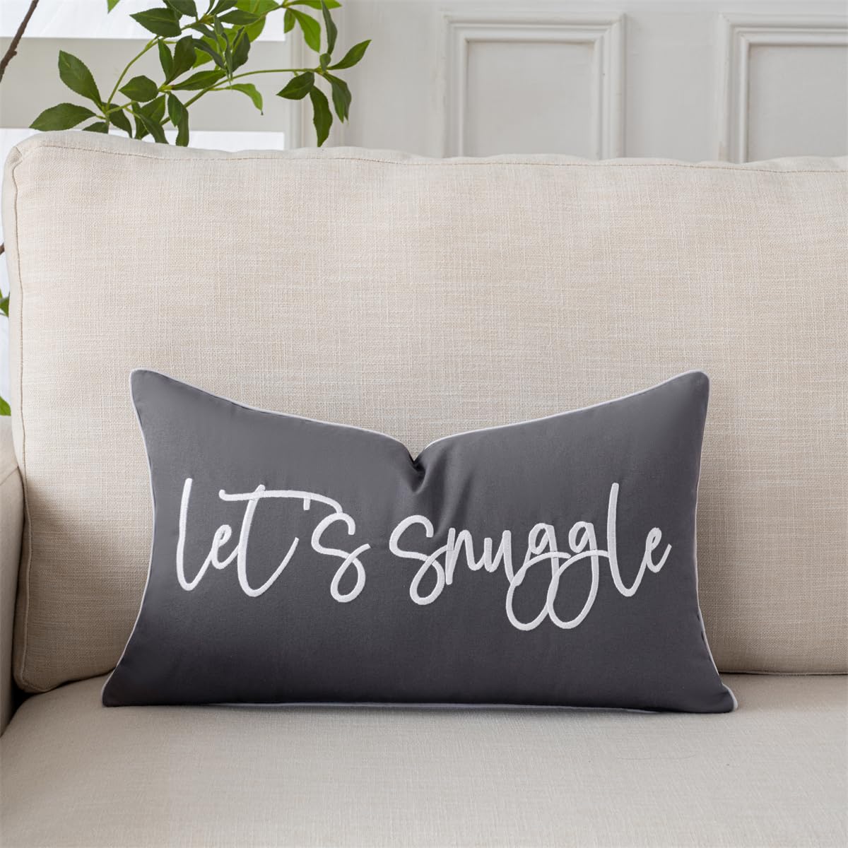 Sunkifover Dark Grey Dark Gray Decorative Lumbar Pillow Covers 12X20 Inches, Soft Solid Rectangle Pillow Cover, Embroidered Rectangular Pillow Case With Let's Snuggle Saying For Bed, Bedroom (Color Grey)