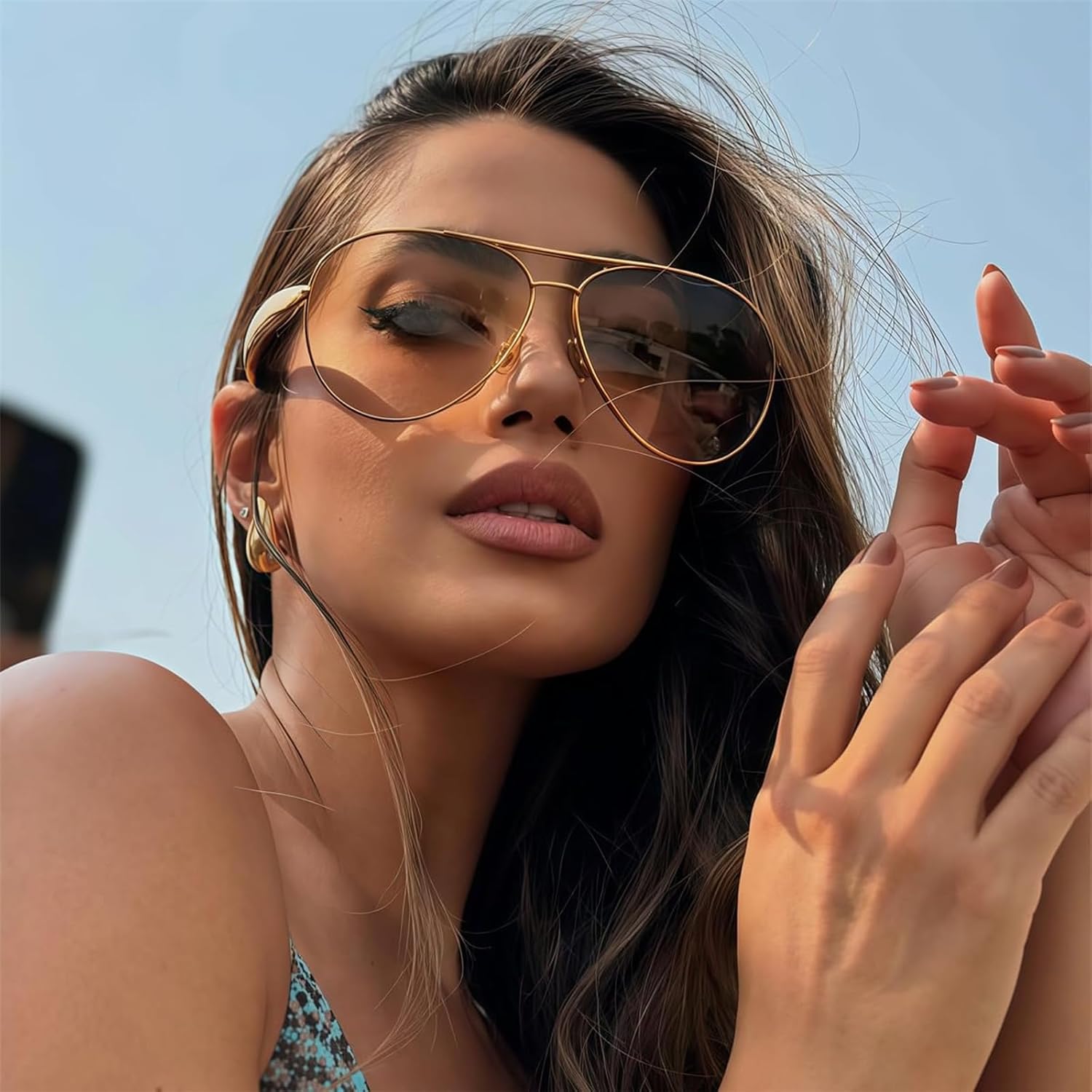 YDAOWKN Retro Gold Aviator Sunglasses for Women Men, Metal Oversized 70s Aviators Sun Glasses - Image 6