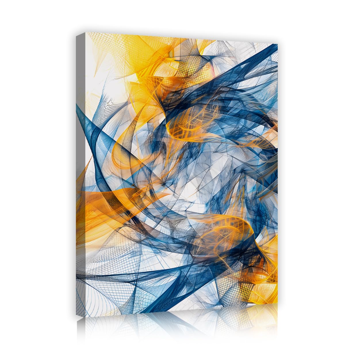 TOANGWALL Abstract Blue Orange Canvas Wall Art Grid Waves Print Modern Mesh Line Swirls Geometric Fractal Concept Framed Mural Pictures for Living Room Bed Office Decor 85x100cm