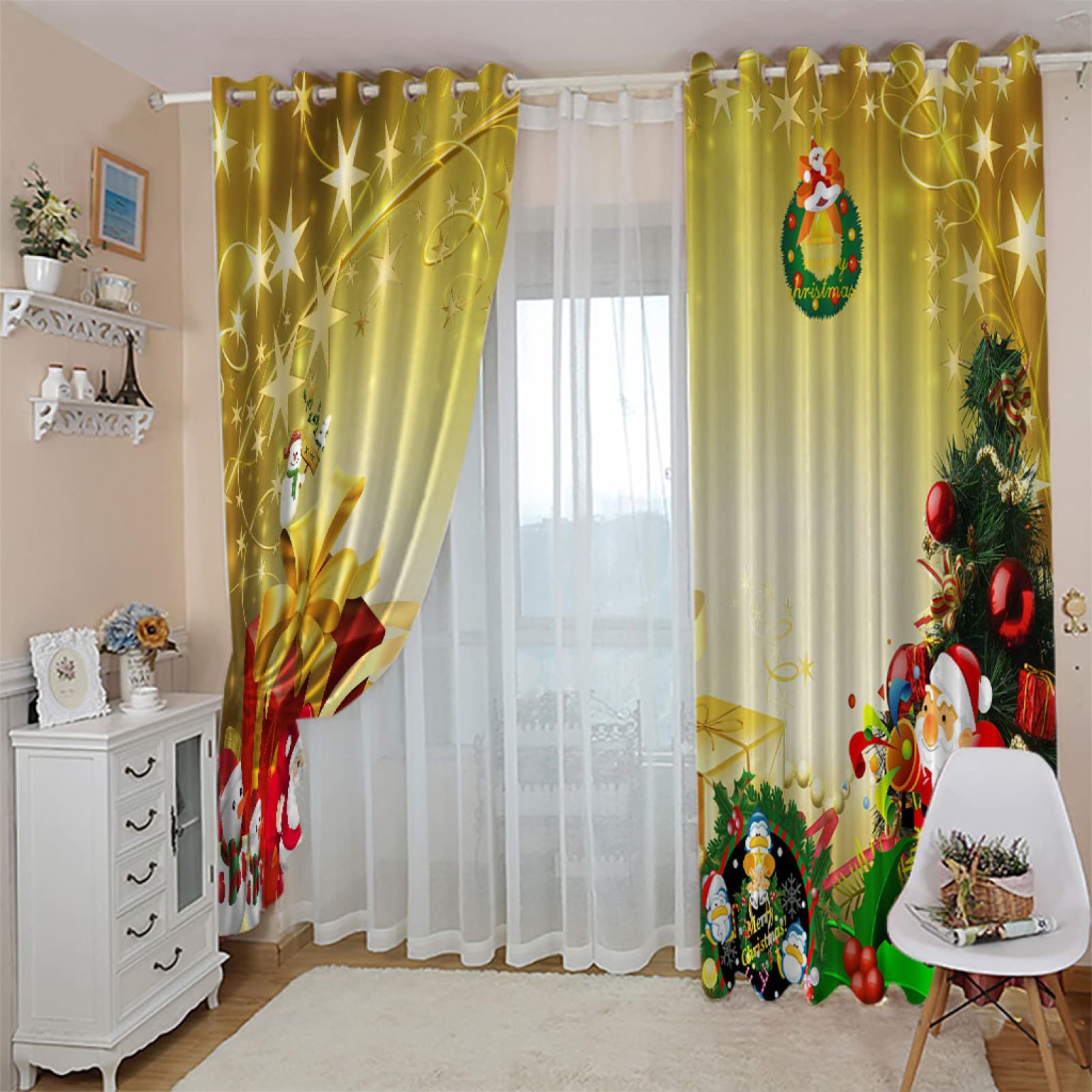 Tende natalizie per bambini, per camera da letto e soggiorno, 117,6 x 137,2 cm (larghezza x lunghezza) con albero di Natale e Babbo Natale, 30%-50%, tende oscuranti per Capodanno, colore: rosso e