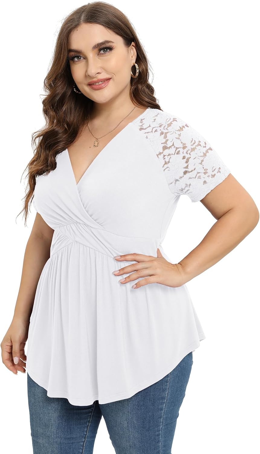 TIANZHU Women Plus Size Top Short Sleeve Wrap Lace Dressy Shirt Sexy Low Cut Babydoll Blouses - Image 2