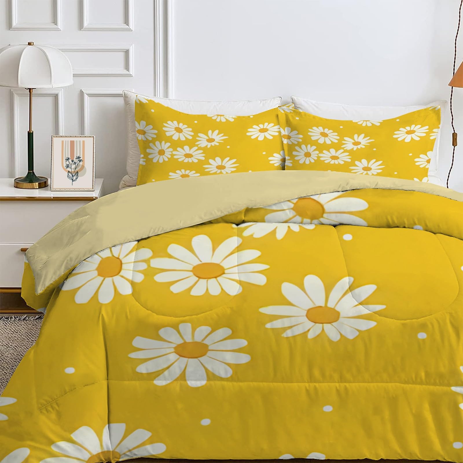 Qiwagu Yellow Queen Size Duvet, Quilt 7.5 Tog Ideal For Summer & Autumn, Reversible Coverless Duvet With Flowers Pattern, Lightweight Soft Comforter With 2 Pillowcases, 228X228cm, Machine Washable