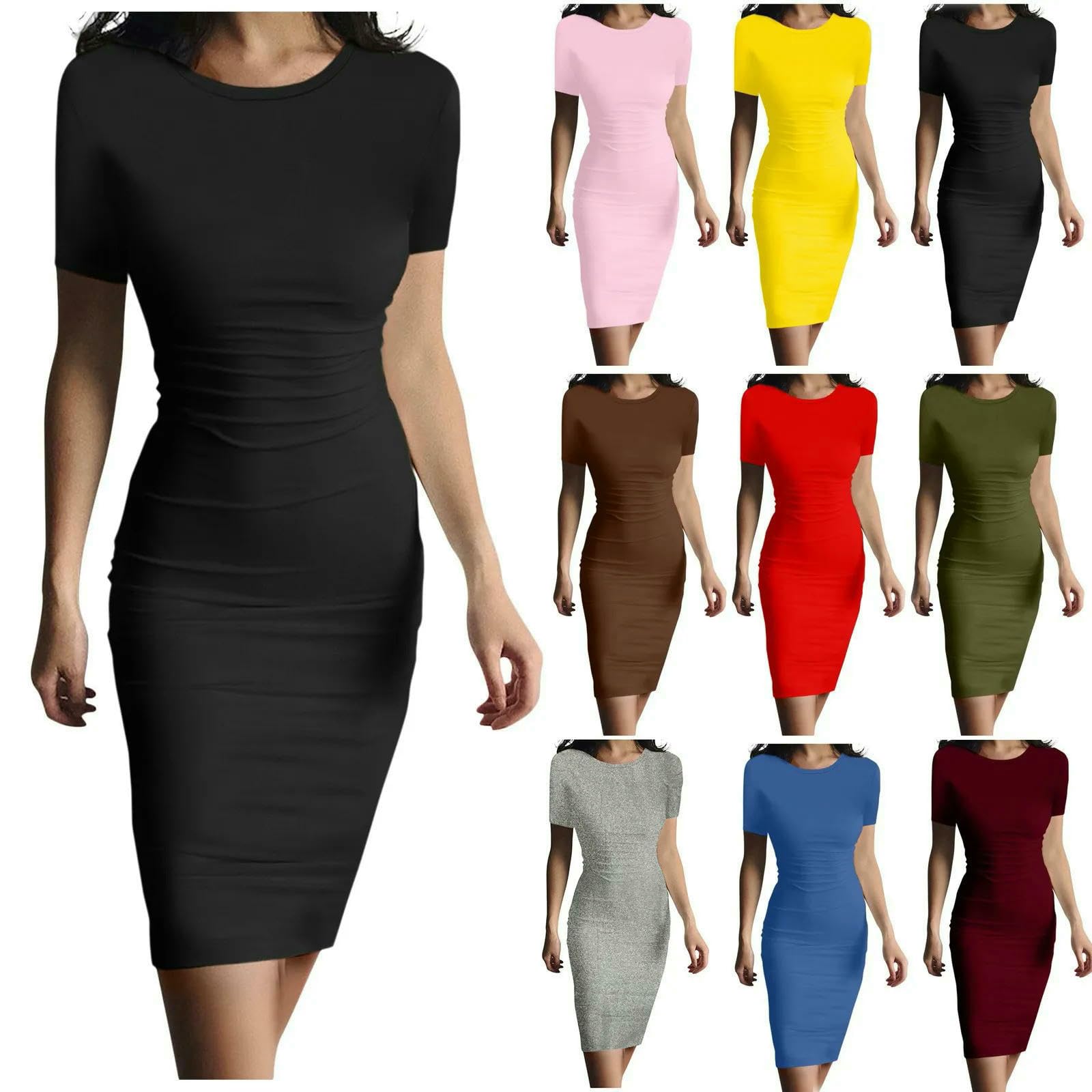 Abito Donna Longuette Elasticizzato da A Maniche Corte, vestibilità Slim, Casual, Elegante, Estivo-Vino-l