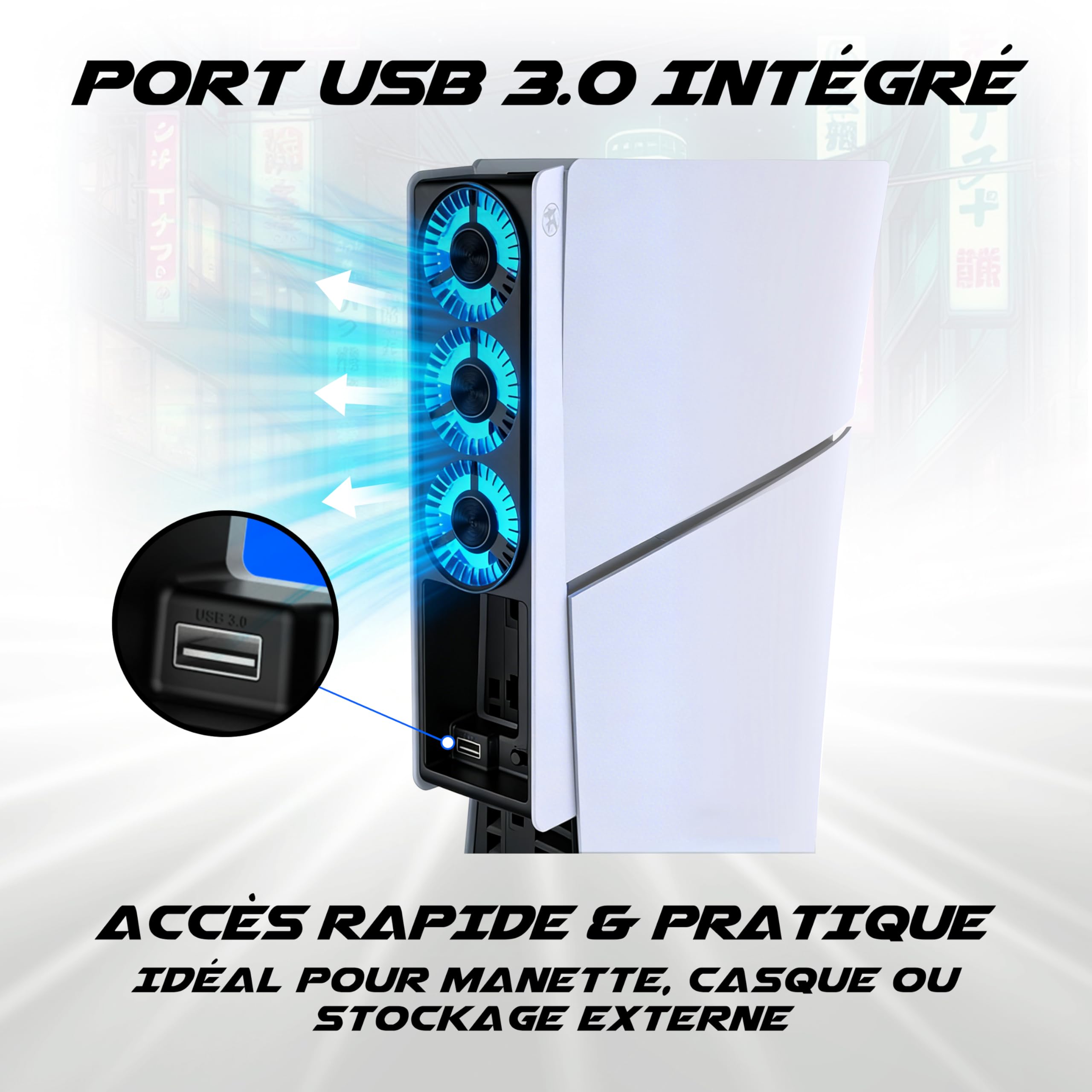 Akuma Cyber W02 - Ventola retroilluminata compatibile con PS5 Slim con 3 ventole e una porta USB 3.0 esterna, colore: Bianco