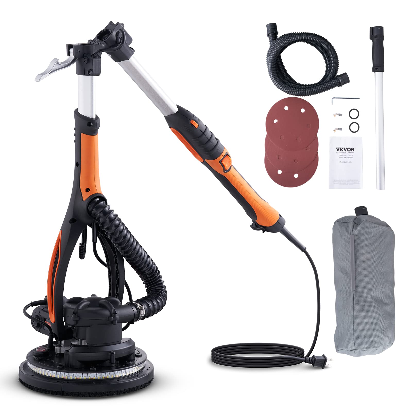 VEVOR Wall Smoother, 900W Electric Tool with 12 Sanding Discs, 800 to 1800 RPM Speed, 3 Vacuum Hoses, Collapsible for Ceiling Use, Dual LED Lights,