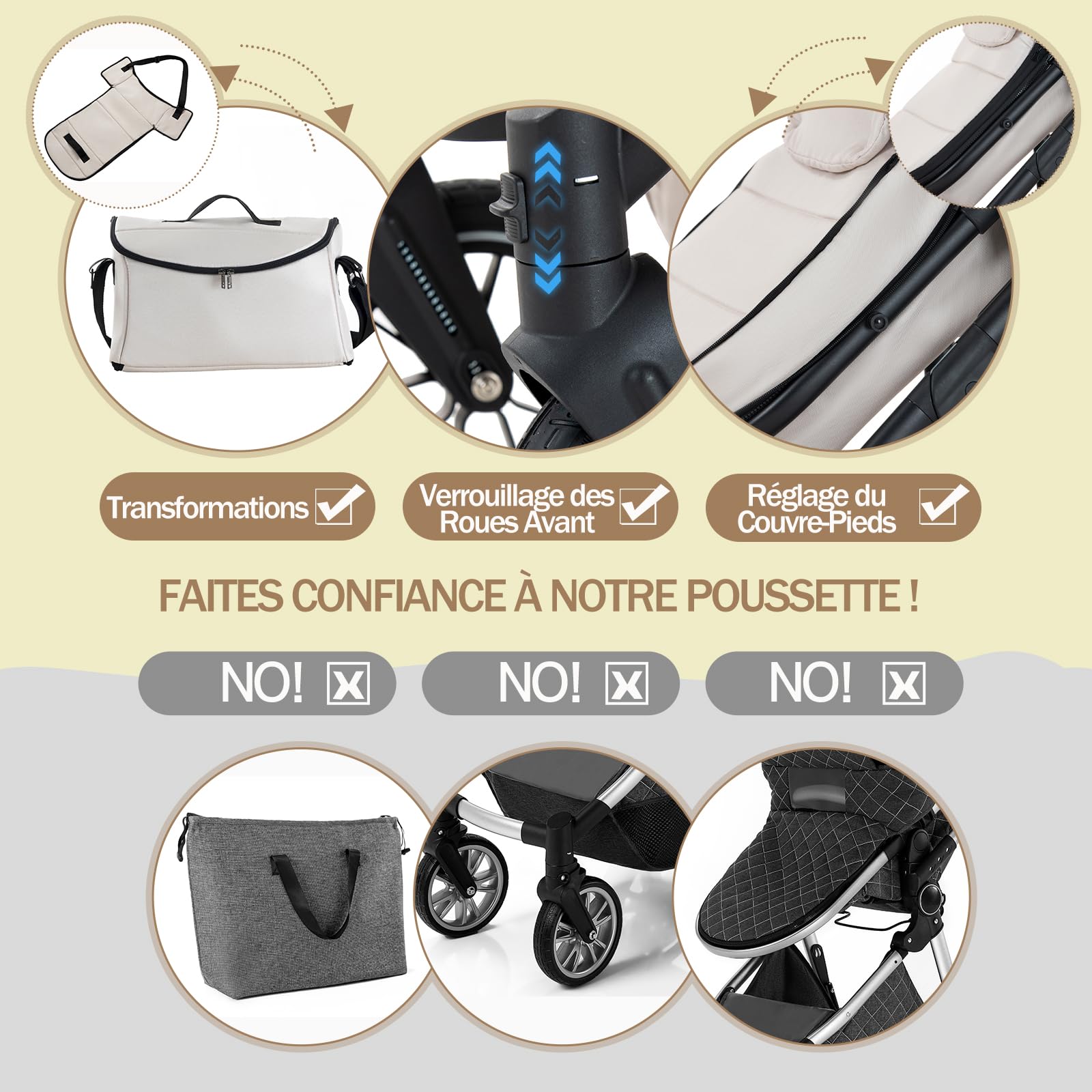 Poussette 3 in 1 Beige - Ensemble avec Siège Auto, Tout Terrain avec Poignée Réglable, Panier de Couchage et Nacelle avec Couvre-Pieds Surélevé, 0-4, 22KG