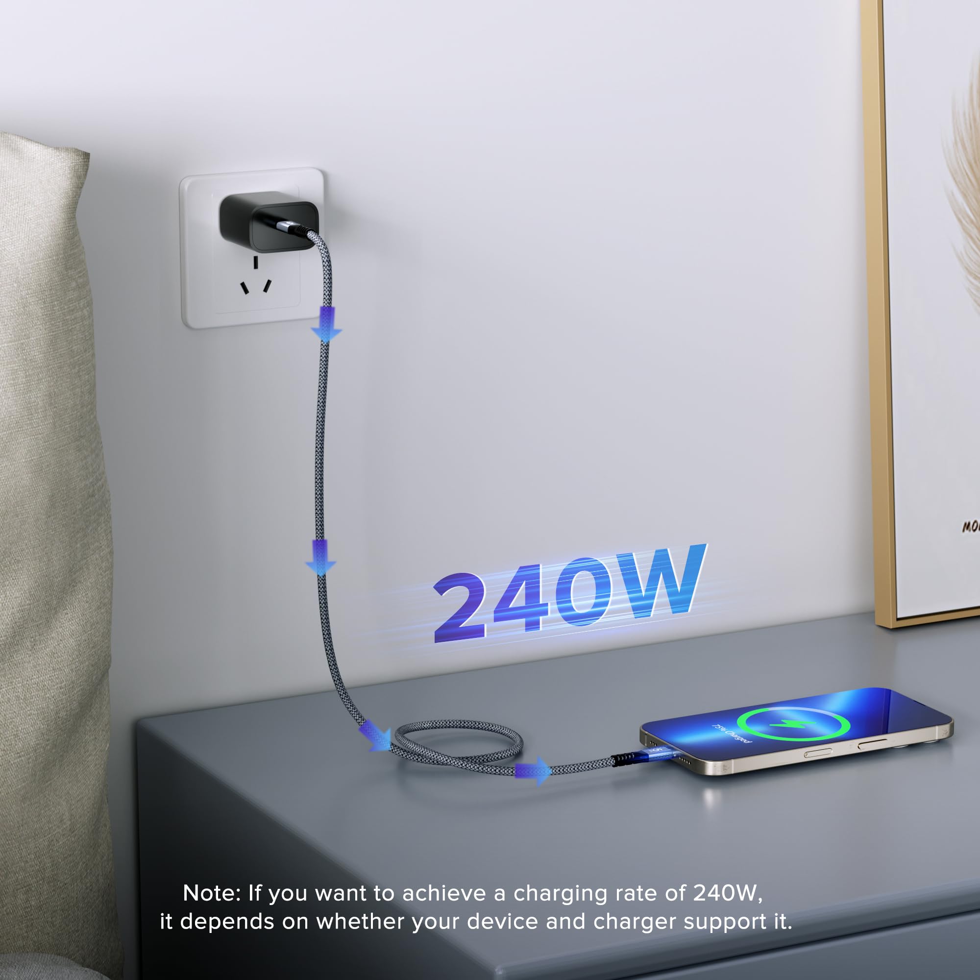 Câble Thunderbolt 5 de 240 W de 1,5 m, câble d'affichage vidéo USB C prenant en charge 80 Gbit/s, bande passante 120 Gbit/s, 16K @ 60 Hz, 8K @ 60 Hz, 4K @ 540 Hz pour Thunderbolt 4/3, iPhone