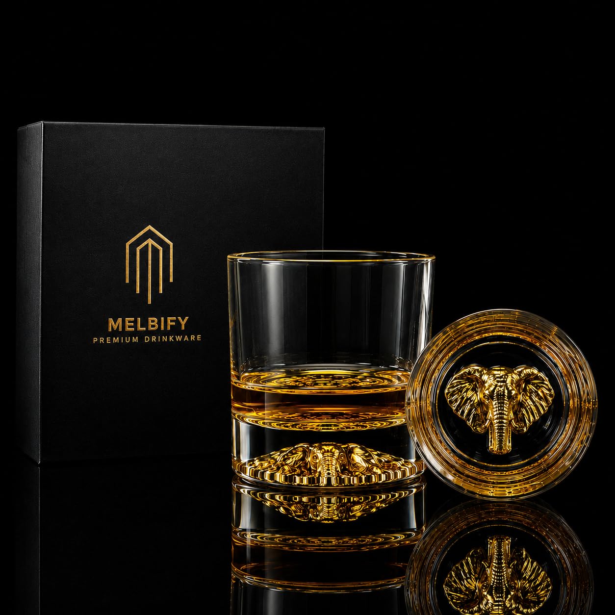 Melbify Elephant Whiskey Glass | Set of 1 | 300 ml | Whiskey Glass Gift Set| Golden Whiskey Glasses|Big| Unique| Broad |Thick| Premium |Thick Bottom | Premium | Speciality Whiskey Glass | Gold Plated