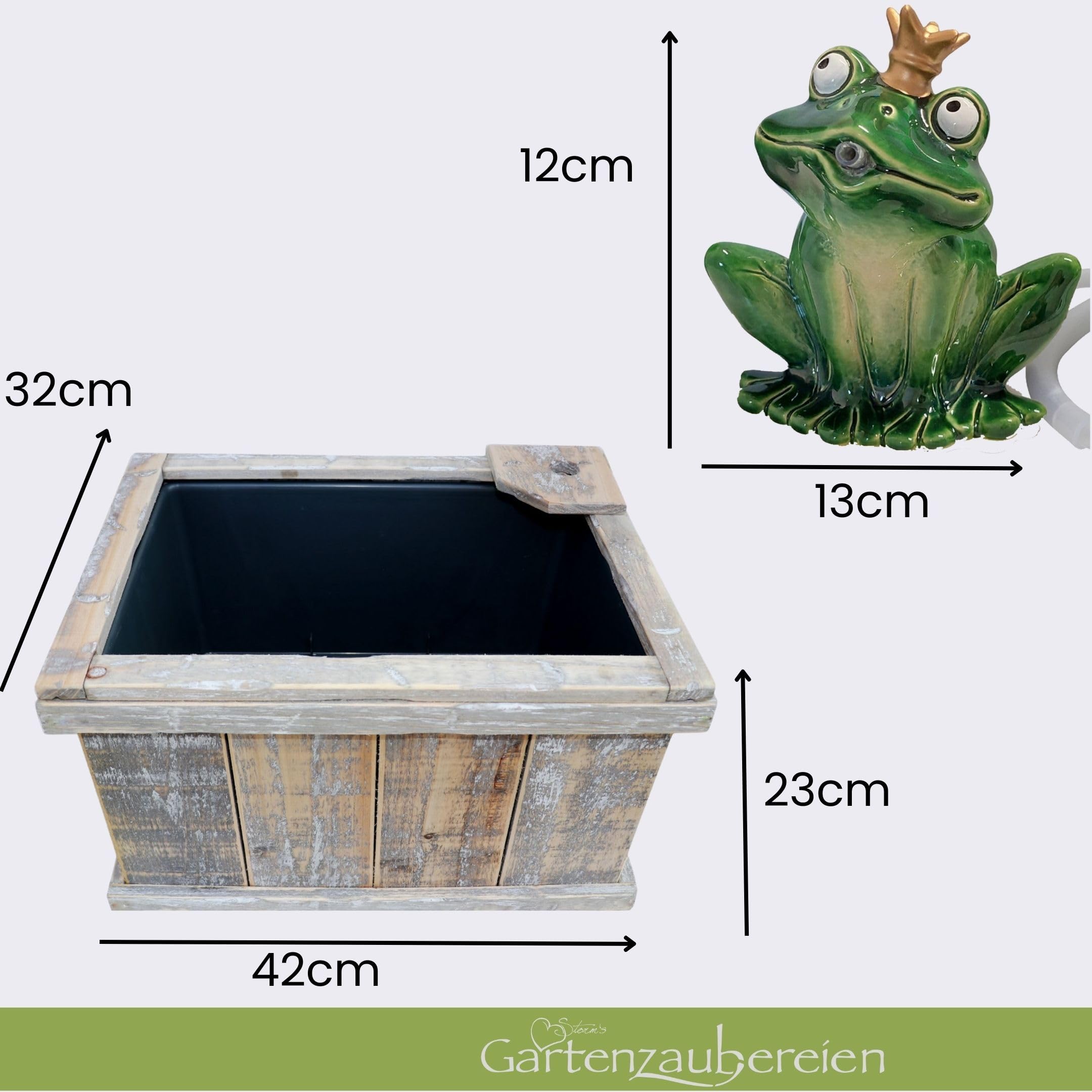 Storm's Gartenzaubereien Miniteich Komplettset Holzkiste - Solar Wasserspiel Froschkönig mit Pumpe - Gartenbrunnen für Balkon und Terrasse - Inklusive Schwimmkugeln und Kunststoffeinsatz