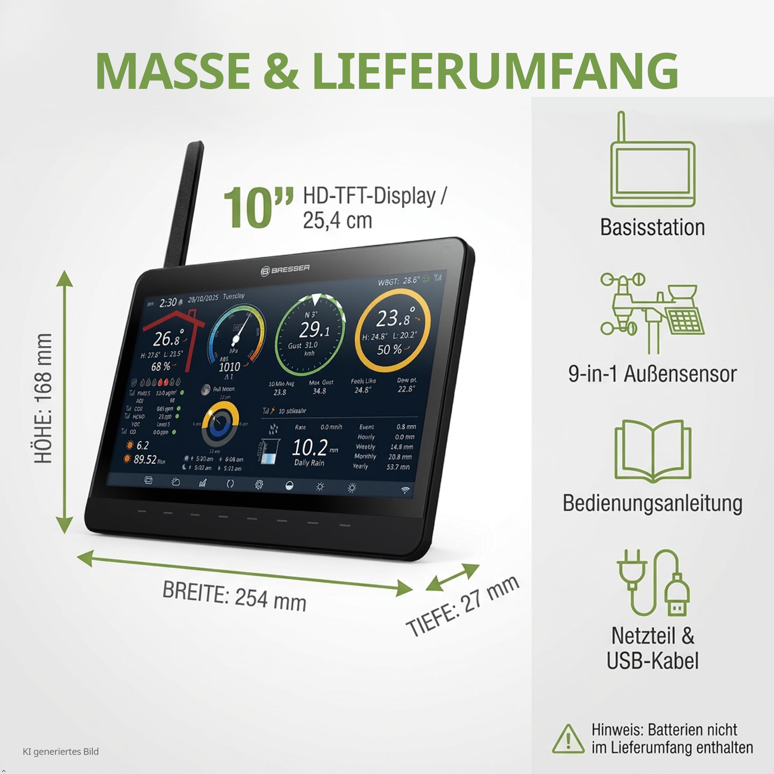 Bresser MeteoChamp Profi WLAN Wetterstation Funk mit 9 in 1 Außensensor | Innentemperatur und Außentemperatur, Luftfeuchtigkeit, Regenmesser, Windmesser, UV, Licht, WBGT, Wettervorhersage, App