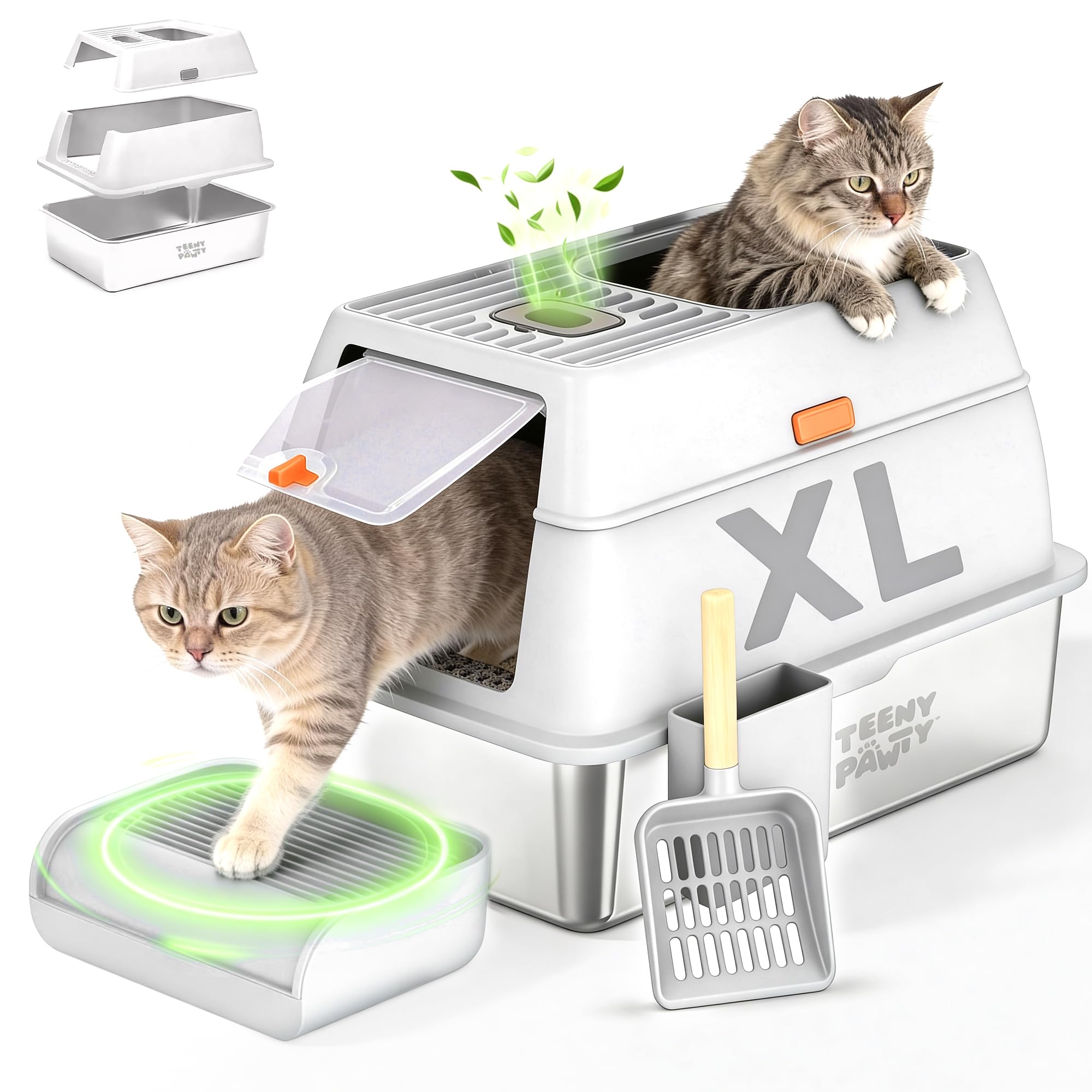 XL Stainless Steel Cat Litter Box with Enclosure and Pooper Scooper - Durable Black Metal Litter Box for Big Cats, High Sides for Anti-Leakage, Never Absorbs Odors, Non-Sticky - (60x40cm) (White)