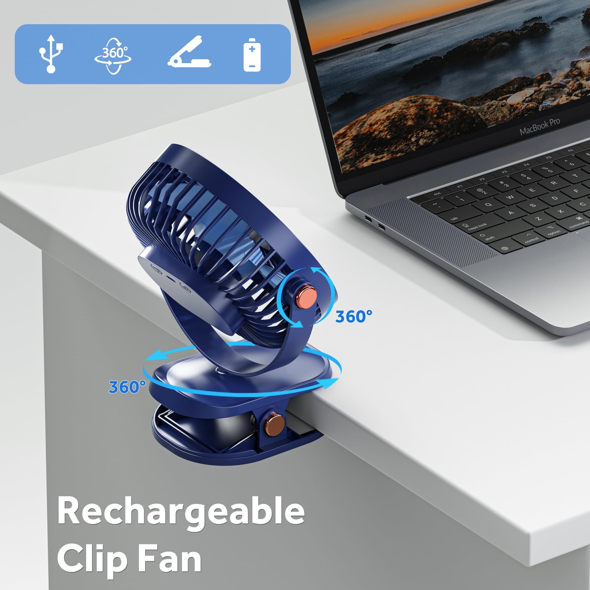 BoriYa USB Ventilatore con Pinza-Piccolo Ventilatore da Tavolo Silenzioso con Luce LED,Portatile Ventilatore da Scrivania con Batteria 4000mAh,Clip Ventilatore Tavolo Ricaricabile per Comodino,Ufficio