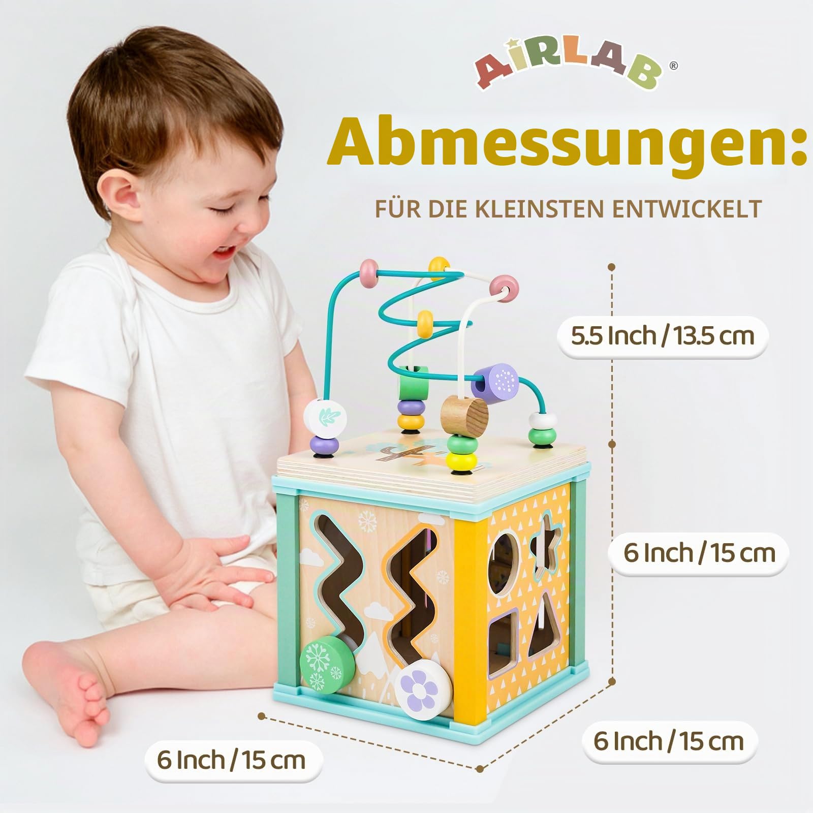 Airlab Motorikwürfel ab 18 Monaten, Aktivitätswürfel Baby, Motorikspielzeug Motorikwürfel aus Holz, Montessori Spielzeug ab 18 Monaten, Holzspielzeug Baby Activity Würfel Geschenk für Kinder