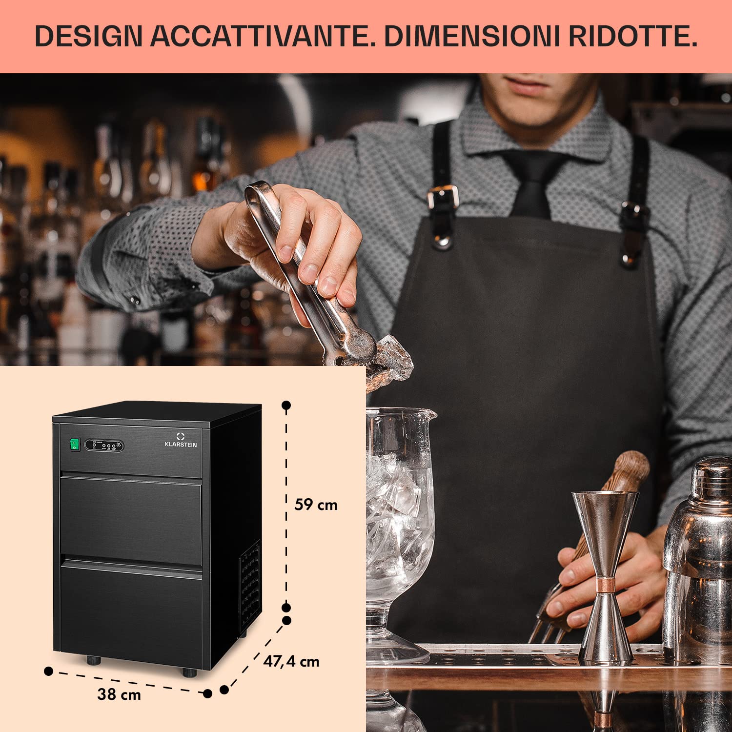 Klarstein Powericer Macchina Ghiaccio Casa 145W, Professionale, Fabbricatore Ghiaccio Secco fino a 20kg, Cubetti di Grandi e Piccole Dimensioni, Serbatoio 3.5kg