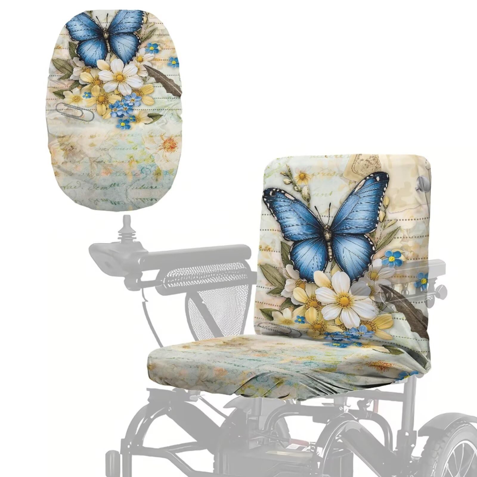 Poceacles Mobility Scooter Seat Cover Soft Comfortable Wheelchair Seat Covers for Women, Non-Slip Electric Wheelchair Cover Prevents Sun, Dust, Wind, Blue Butterfly Floral Letter Print