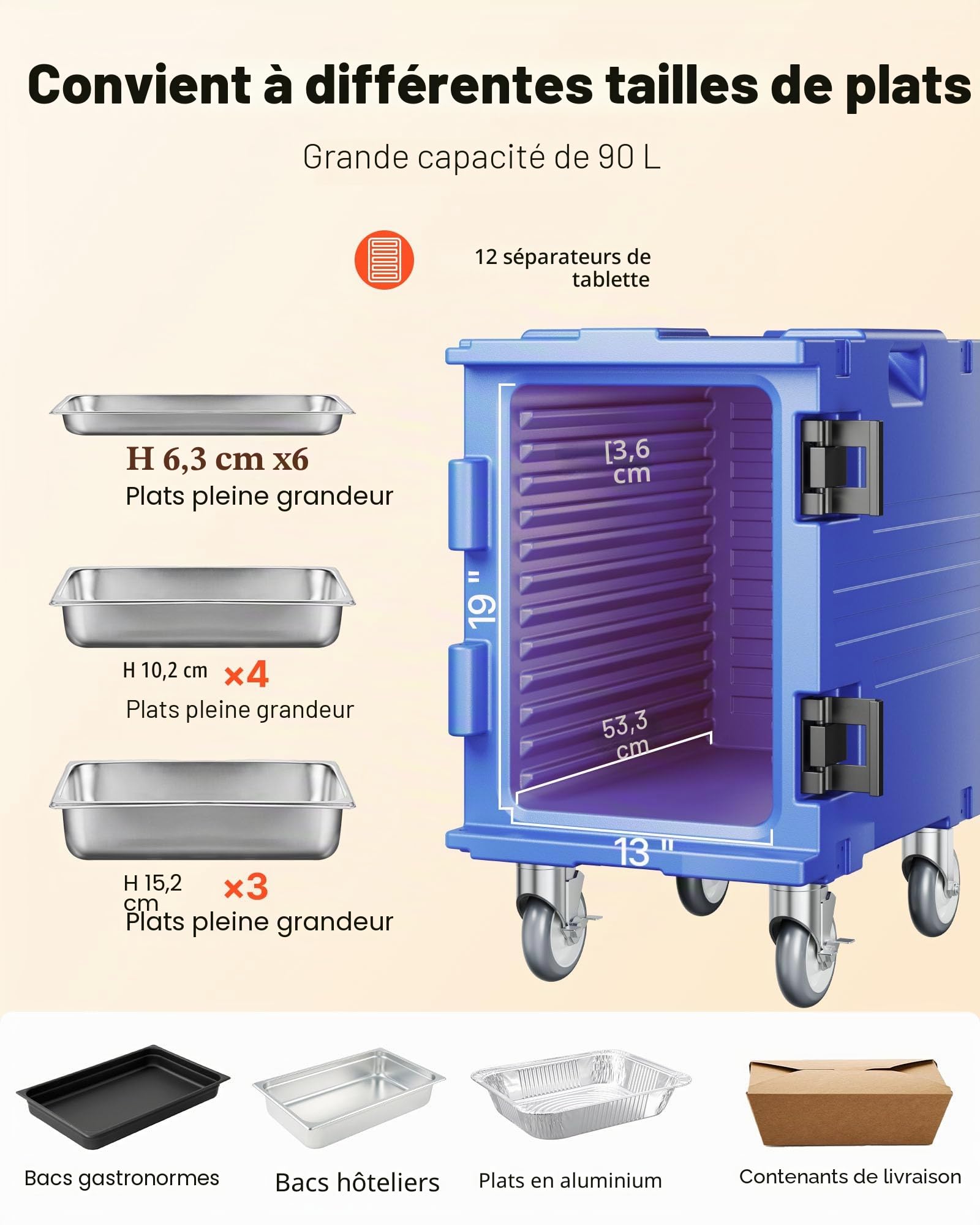 VEVOR Conteneur Isotherme sur Roulettes 90 L, Boîte de Transport en LLDPE à Chargement Frontal avec Poignées, pour Garder au Chaud ou Froid Traiteur Restauration Restaurant Cantine 447x625x755 mm