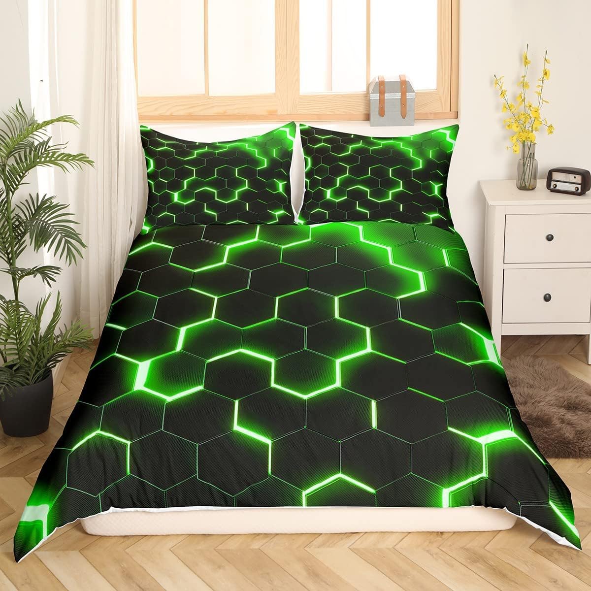 Homewish Geometric Duvet Cover King Size,Teen Boys Green Black Neon Light Honeycomb Bedding Sets - Image 2