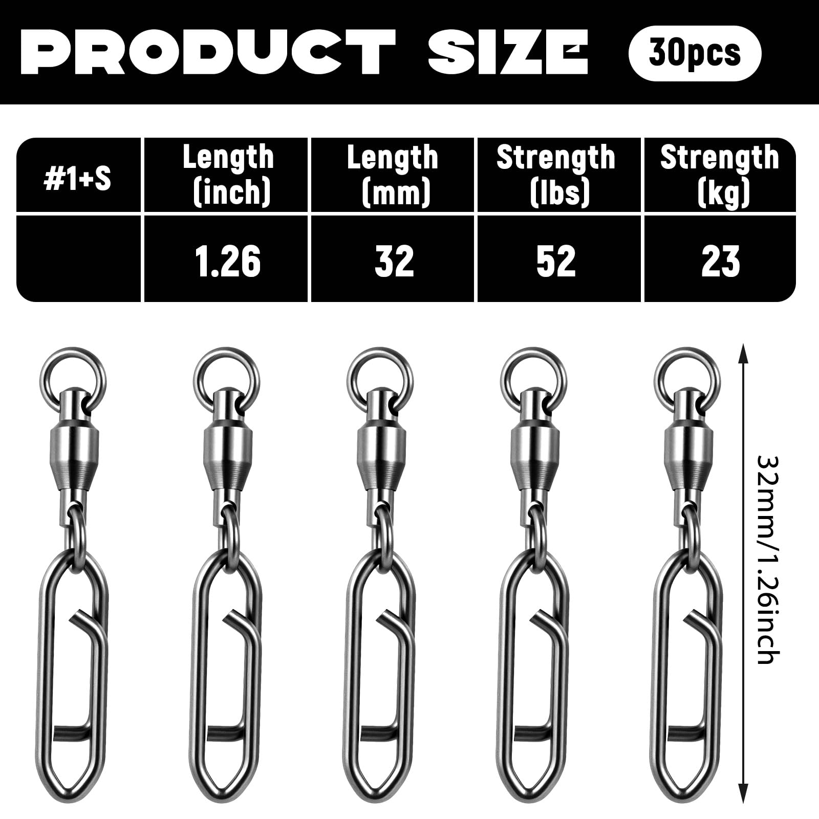 Aiyorse 30 Pcs Fishing Power Clips, Fishing Speed Clips High Strength Snap Swivels Stainless Steel Bearing Rolling Fish Swivels Freshwater Crankbait Popper Lures Quick Snaps Connectors Tackle(#1+S)