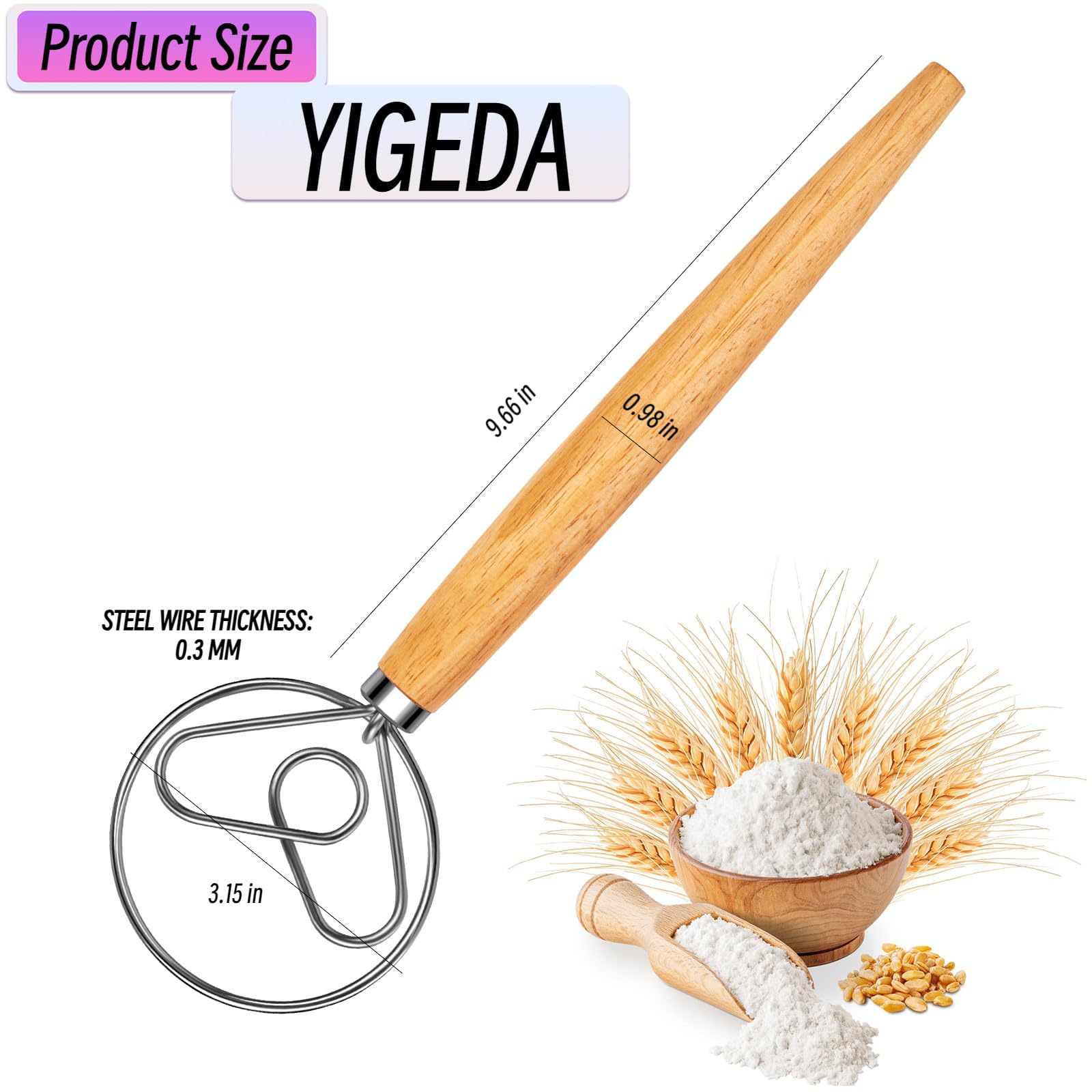 Batidor danés de masa – Batidor danés de madera para masa con gancho de acero inoxidable – Batidor tradicional holandés – Batidor de pan para masa madre suministros para hornear pan y