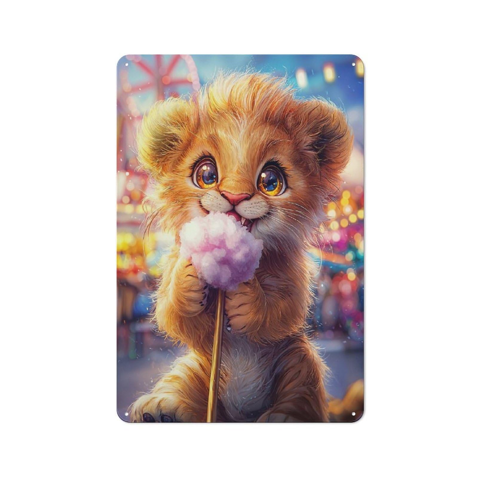 30x20cm Retro Metal Sign with Cute Lion Cub with Cotton Candy for Living Room Or Hallway, for Living Room Decor Lovers Refreshing A Room in Autumn