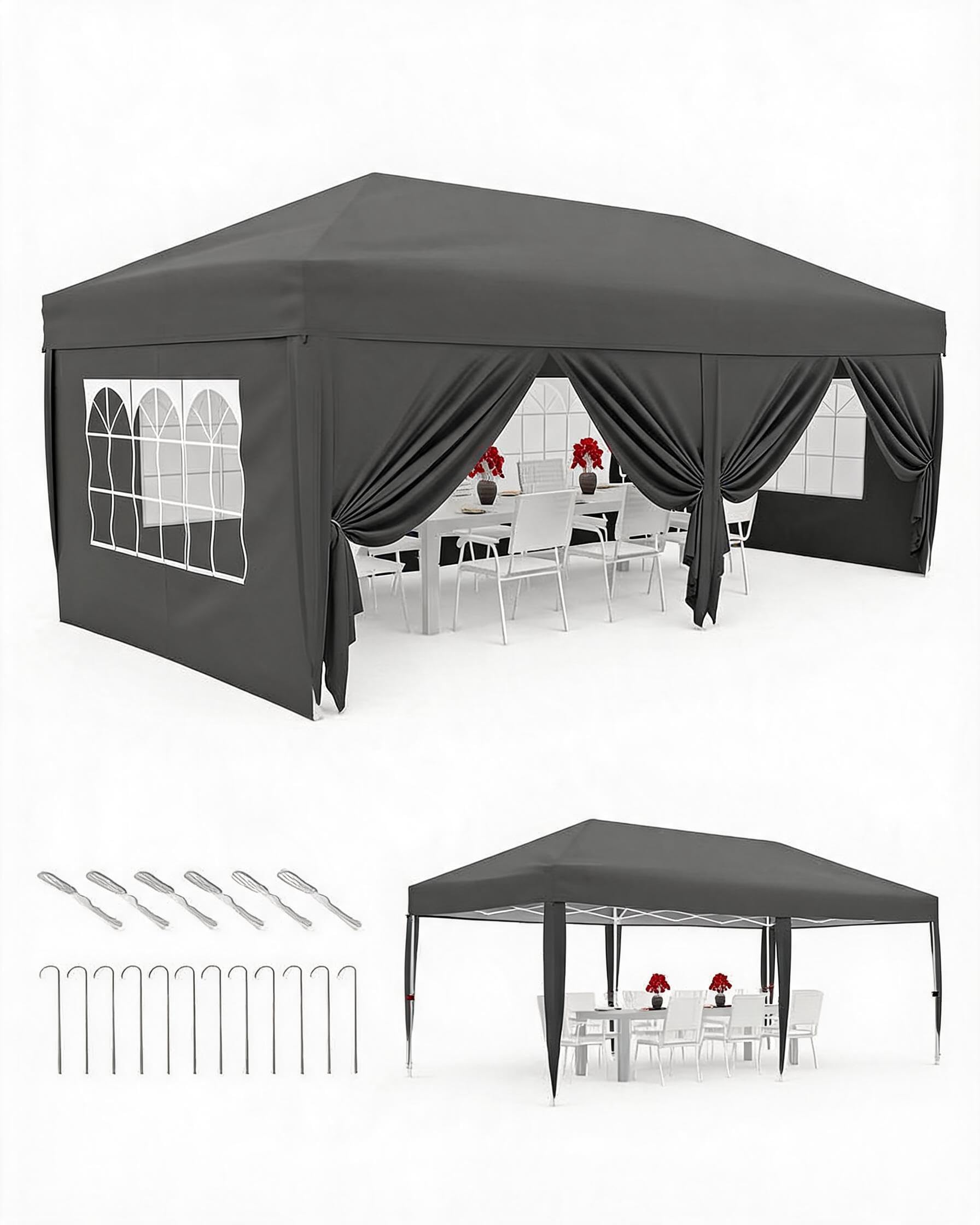 GarveeMore 3x6m Pop Up Gazebo with Sides, Waterproof Garden Gazebo with Windows, Heavy Duty Instant Shelter Canopy Tent for Patio, Backyard, Outdoor Parties and Events, Grey