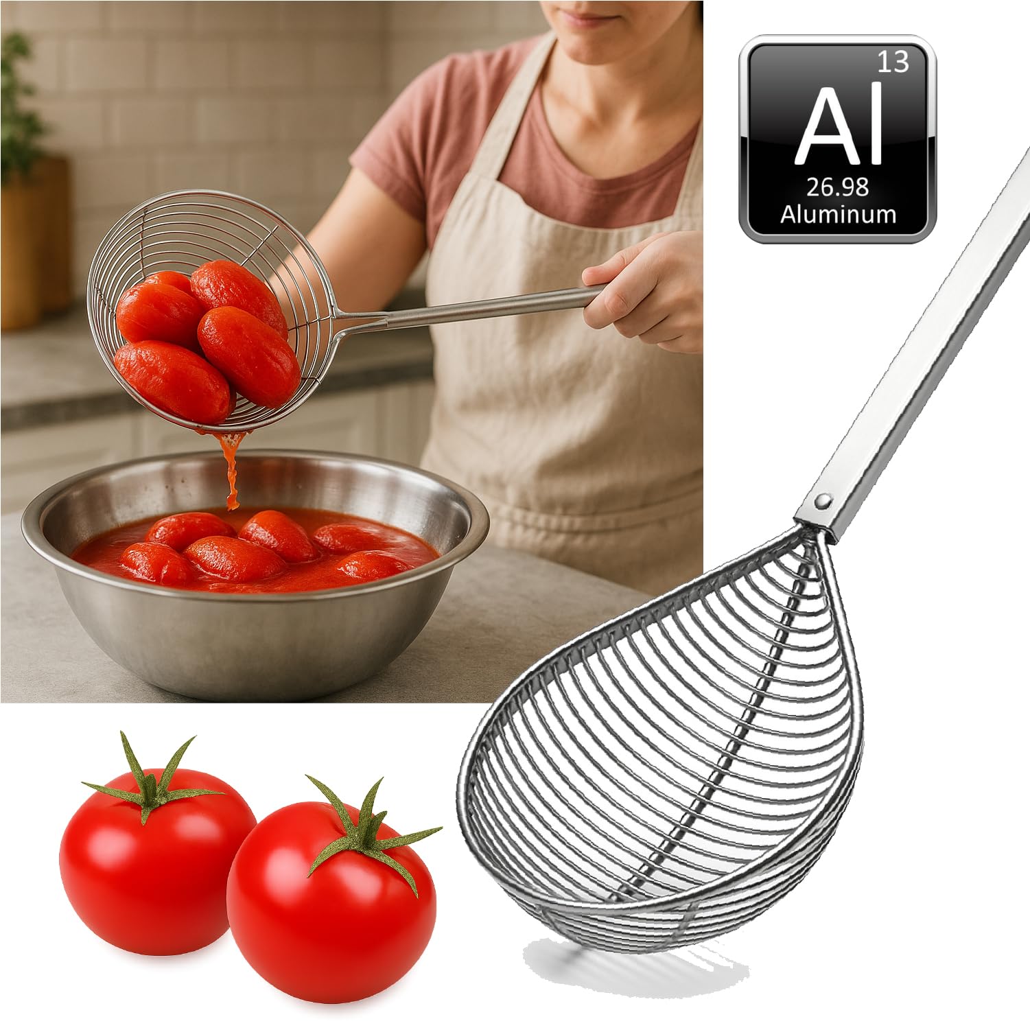 Crisalide® Colapomodoro in Alluminio Pressofuso – Manico 73 cm, Coppa da 26 cm – Utensile Professionale per Estrarre Pomodori e Alimenti