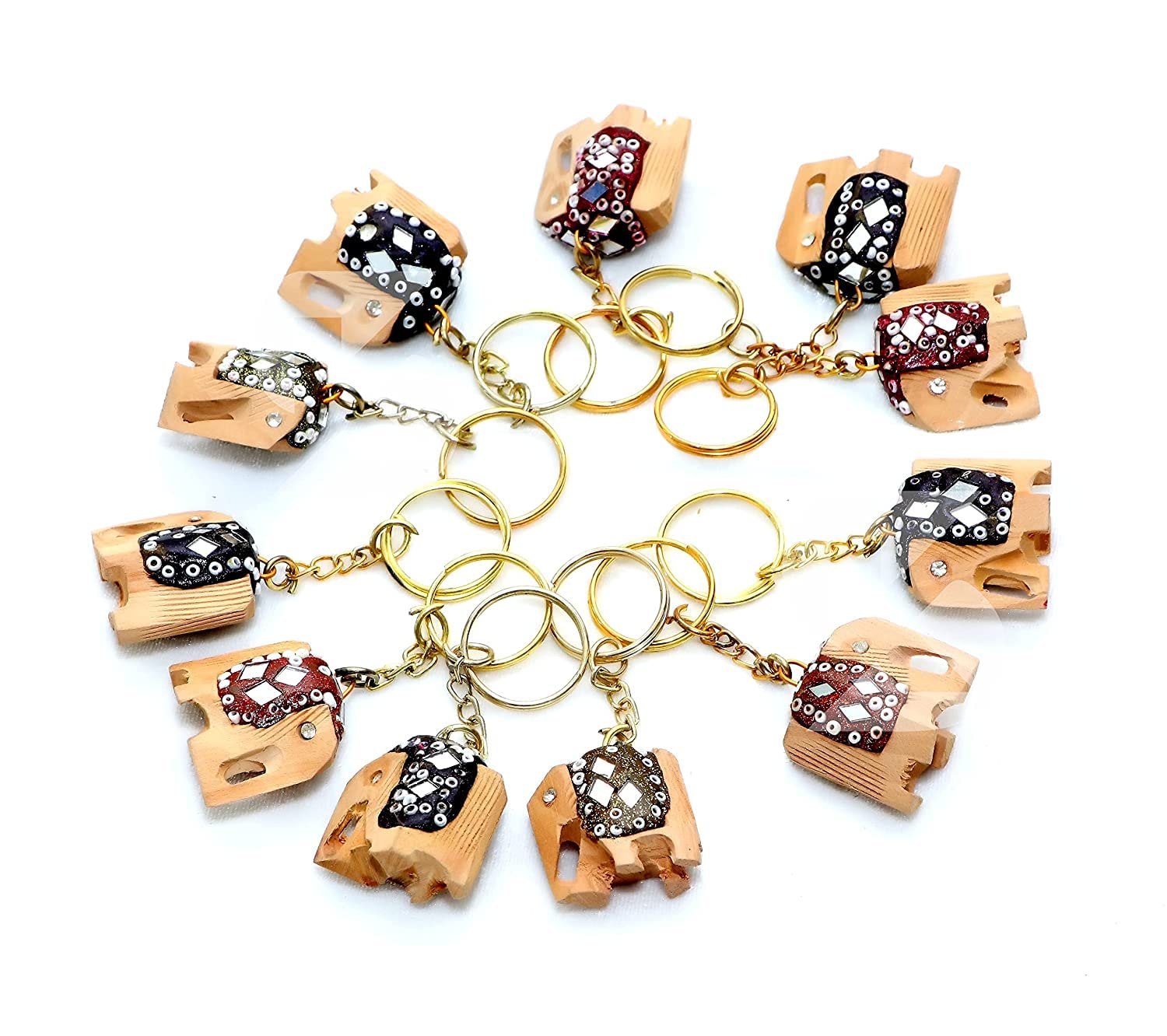 Antlantic Wood Store Wooden Elephant Key chain Key Rings/Keyring Carved And Painted Key Chains Set Of 12 Pc Multi color