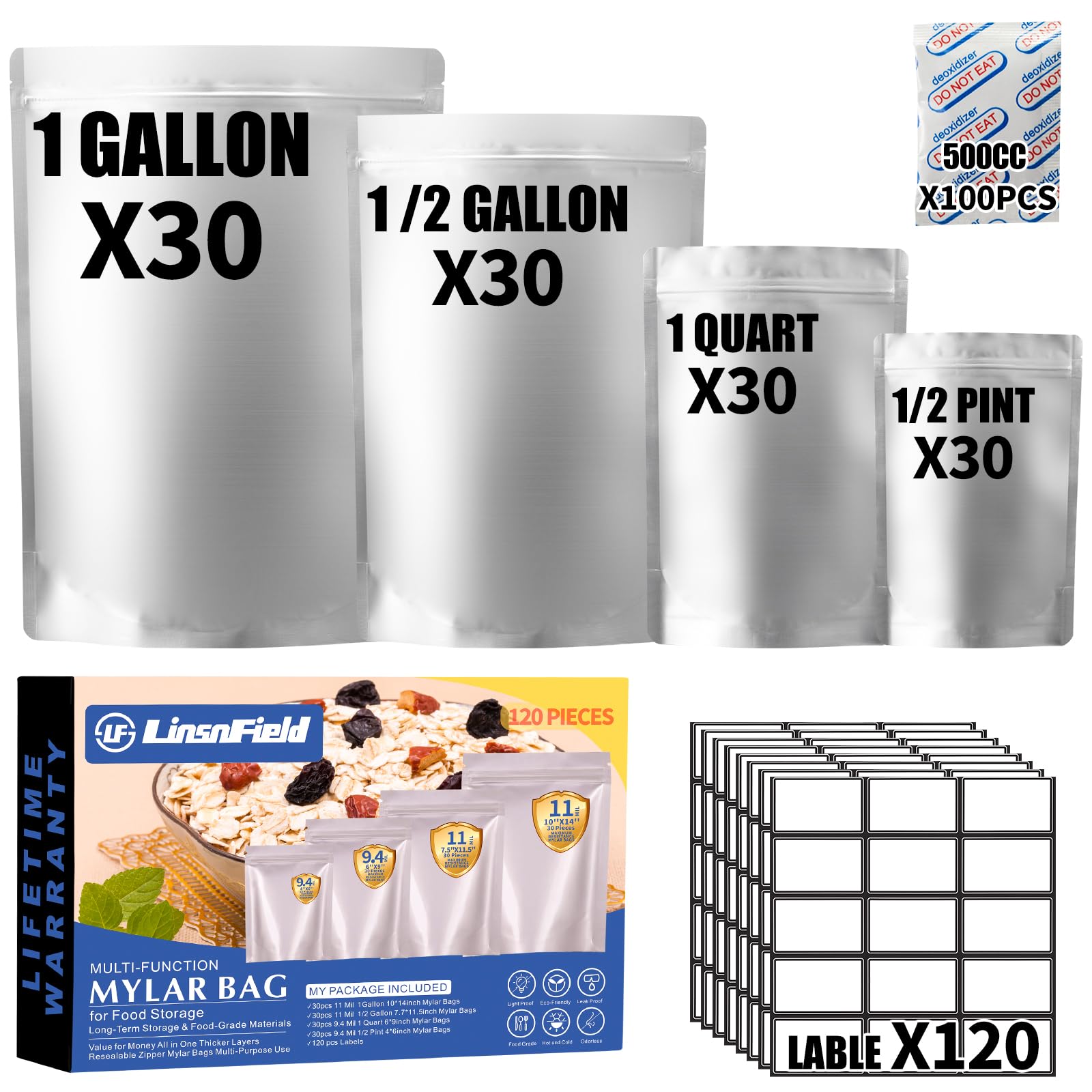 120PCS Mylar Bag Bundle, 4 Multi-Size Pouches(11Mil), 100x500cc Oxygen Absorbers, 120 Labels, Heat Sealable, Food Safe, BPA-Free – for Strong, Secure Long Term Food Storage, Silver