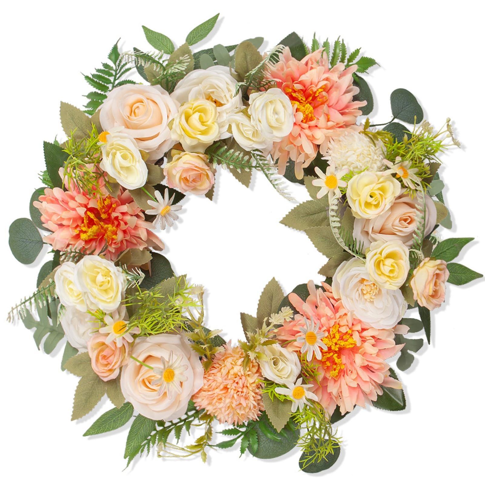45cm Artificial Spring Wreath with Flowers, Faux Rose & Daisy Floral Door Garland for Front Porch Wall Window Farmhouse Home Decor (45cm,champagne color)