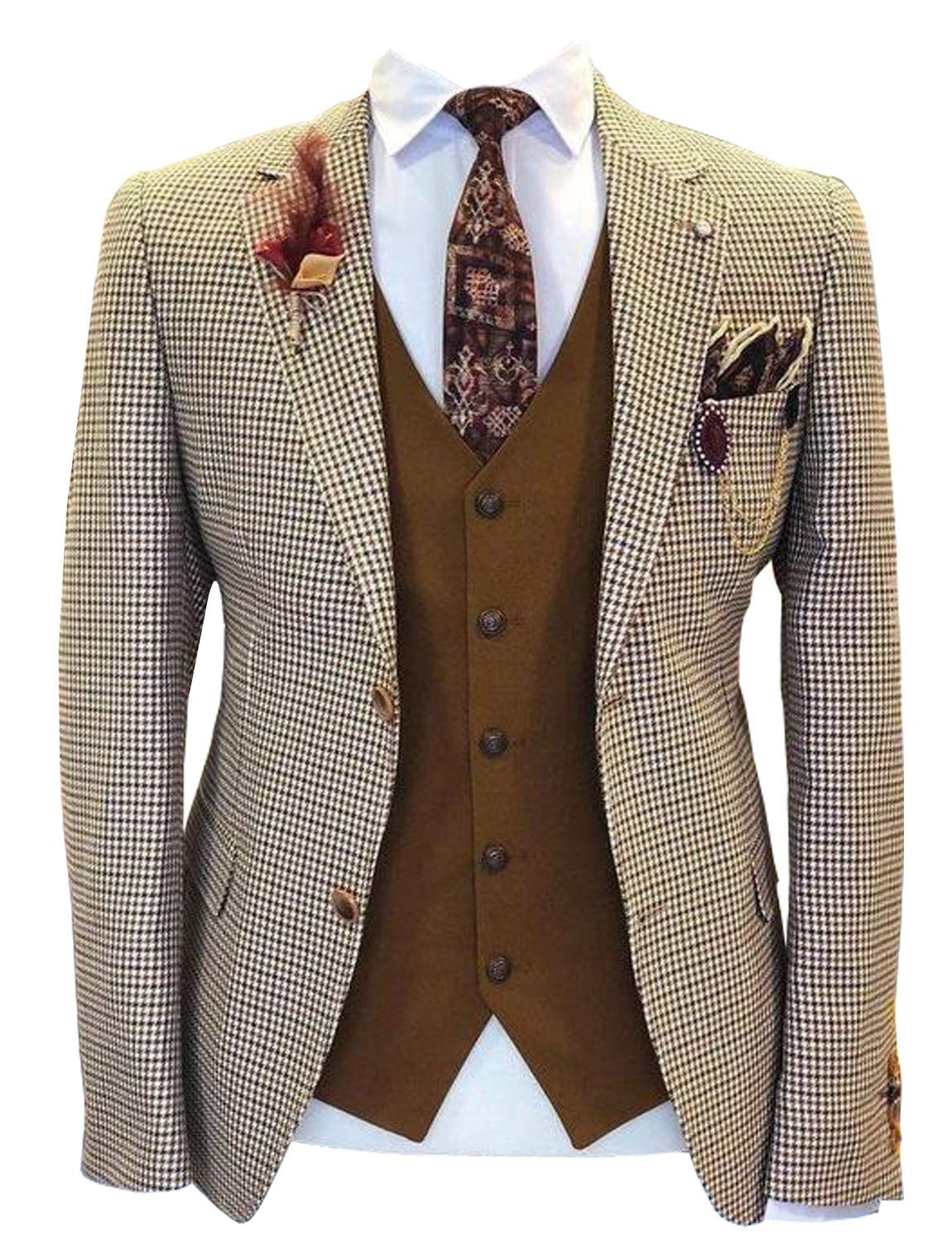 Kromoc Hommes Veste Manteau Pied-de-Poule à Deux Boutons avec Revers crantés pour Les dîners en Smoking