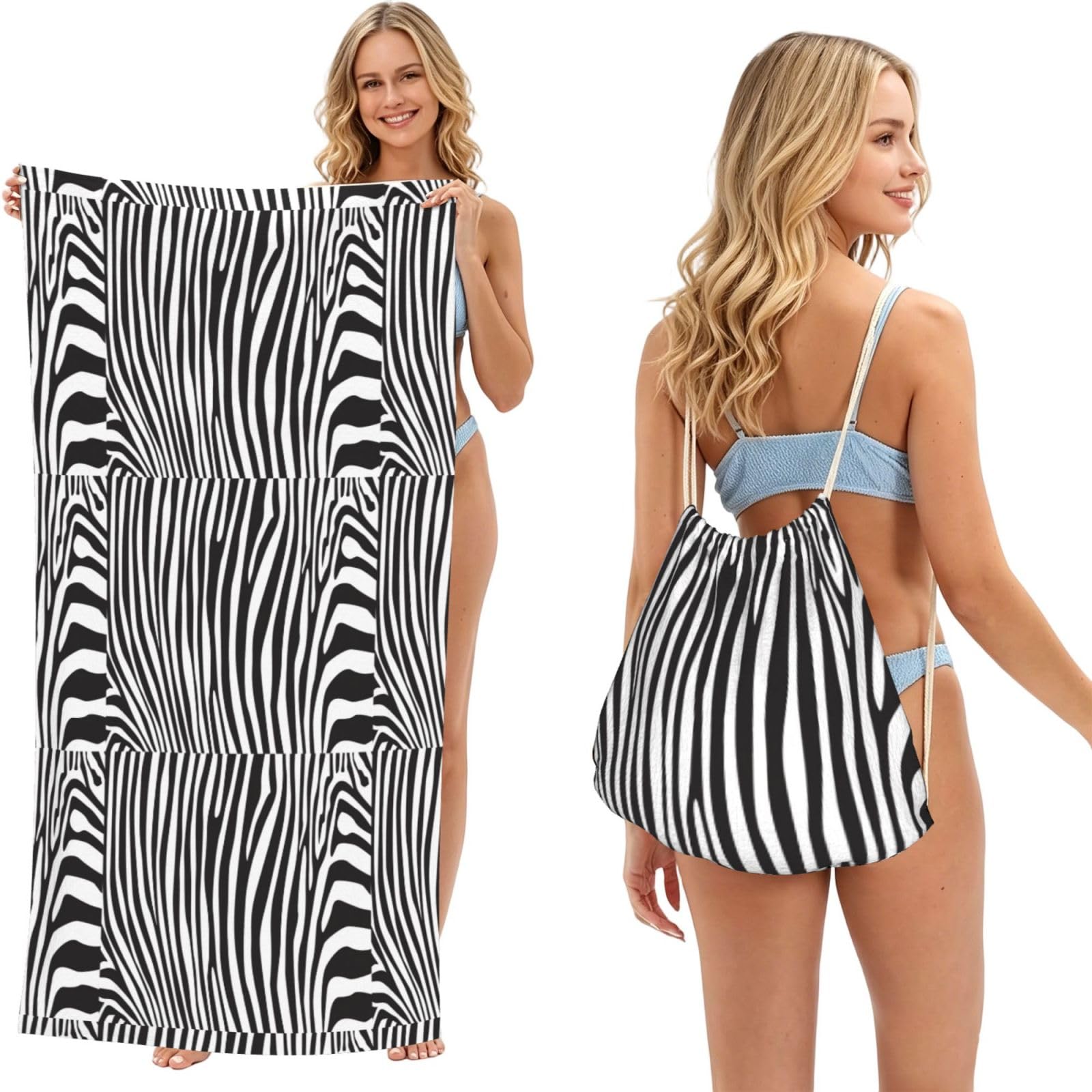Poadnly As Picture Animal Zebra, 2 In 1 Packable Towel Bag, Beach Towels With Drawstring Backpack For Travel Holiday Camping