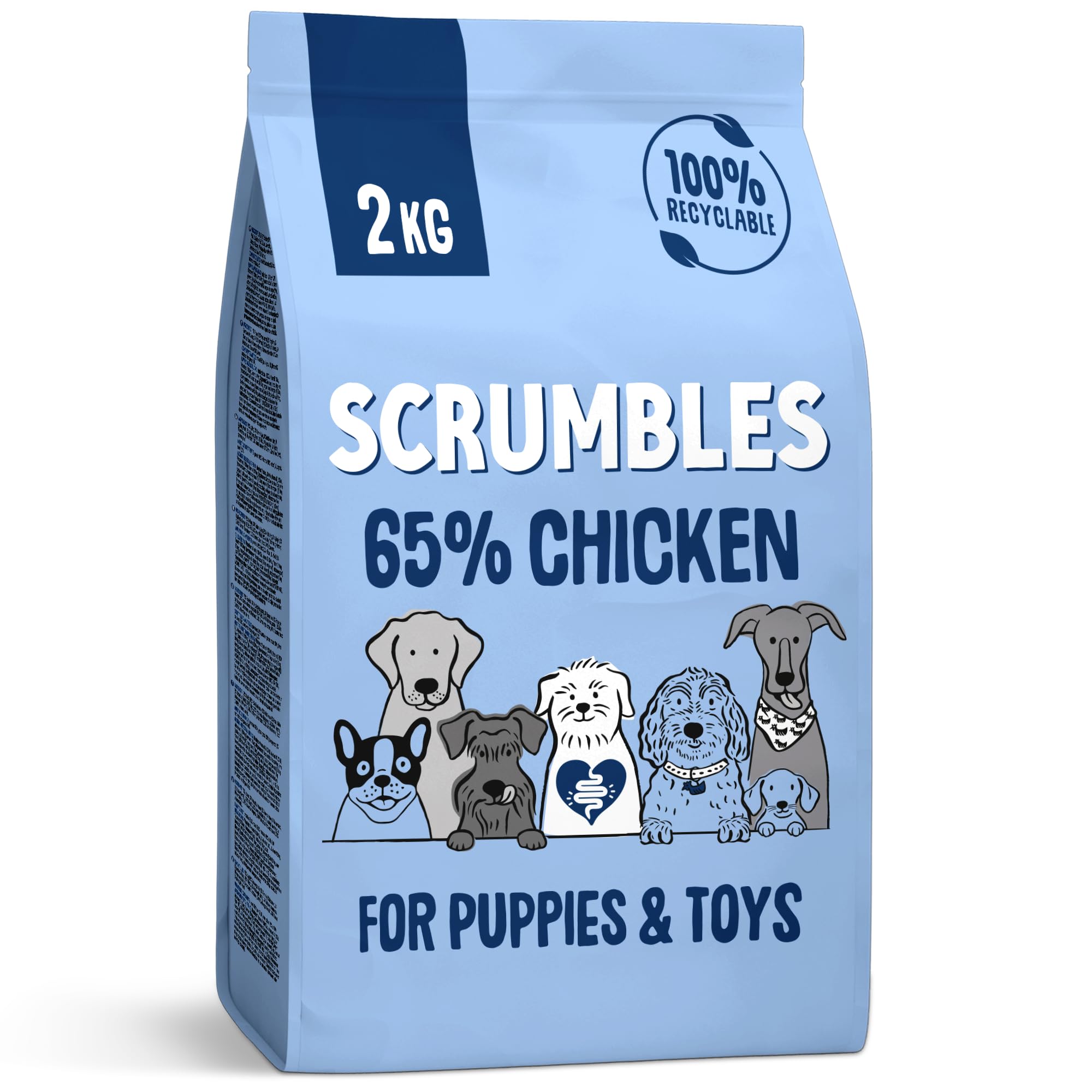 Scrumbles • Dry Dog Food • Hypoallergenic • Puppy • Chicken 65% • 2kg Bag • Natural Complete Adult Recipe • Gut Friendly Prebiotics & Probiotics • Gluten Free • Joint Care