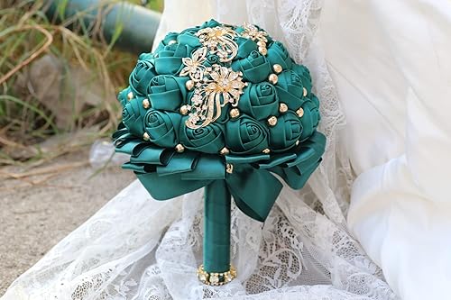 Miniatura 6 de WIFELAI-A Broche de diamantes de imitación dorados, flores de boda, ramos de novia, ramo de novia de cristal, rosas de satén blanco marfil con