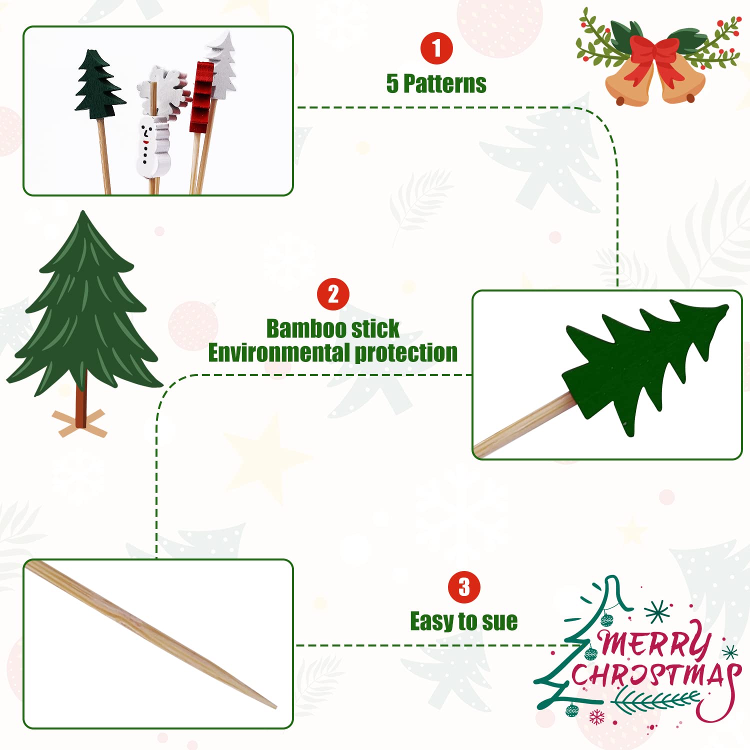 Stuzzicadenti Natalizi Decorativi - 100 Pezzi A Forma Di Albero Di Natale, In Bambù, Per Cocktail, Frutta E Dessert