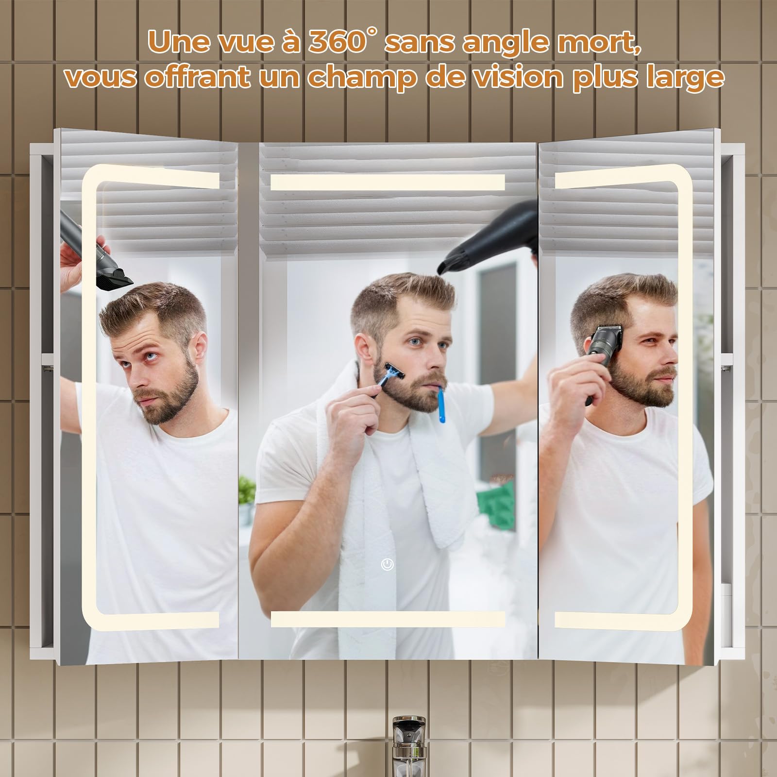 Armoire Salle de Bain avec Miroir LED Lumineux 3 Températures + Intensité Réglable, Prise Électrique (2 AC + 2 USB), Capteur Tactile - 3 Étagères Réglables -Design Moderne 60x80x16 cm(HxLxP)