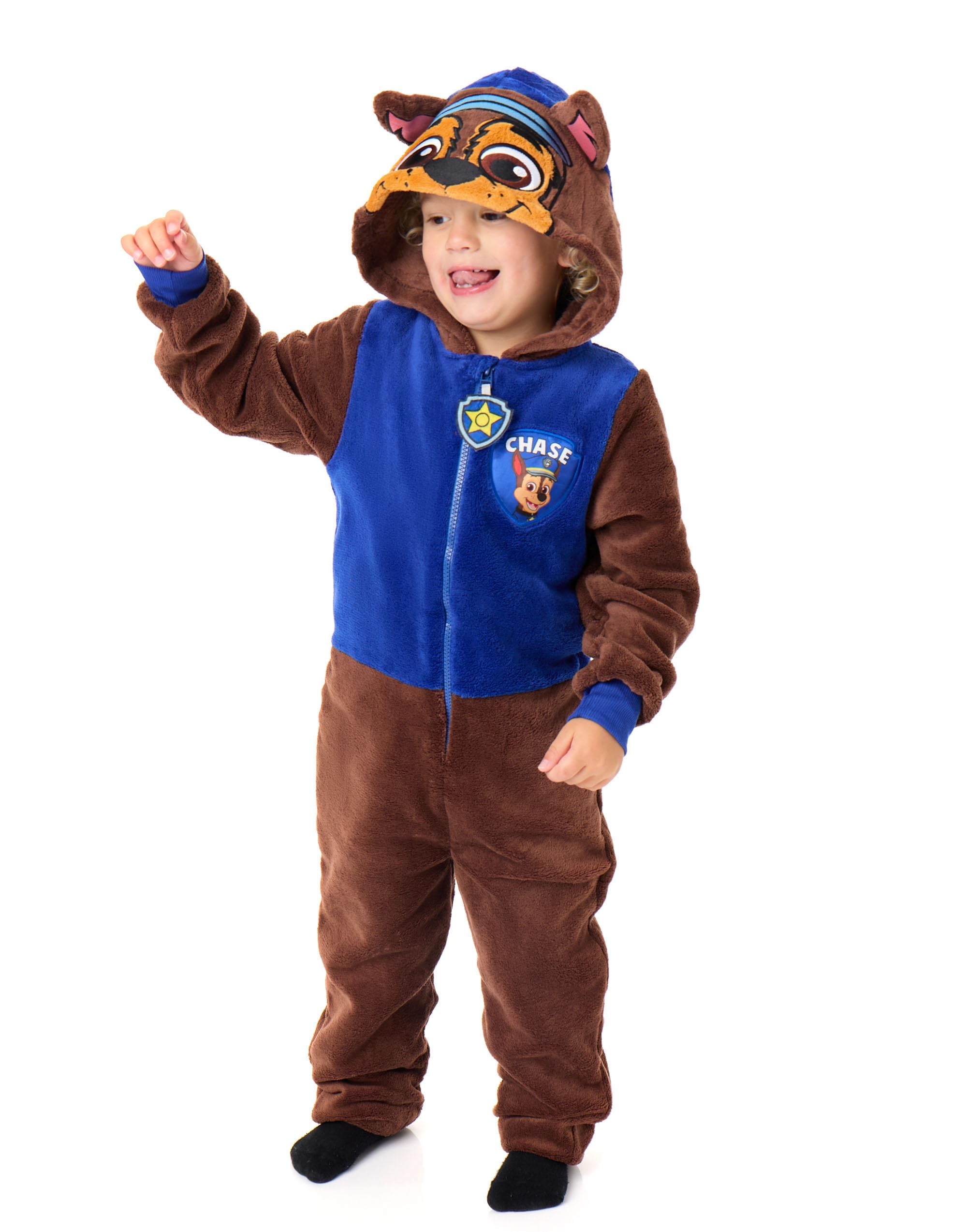 Paw Patrol Chase Onesie for Boys & Girls | Kids All in One Sleepsuit Pajamas in Blue & Brown | Hooded Jumpsuit with 3D Ears