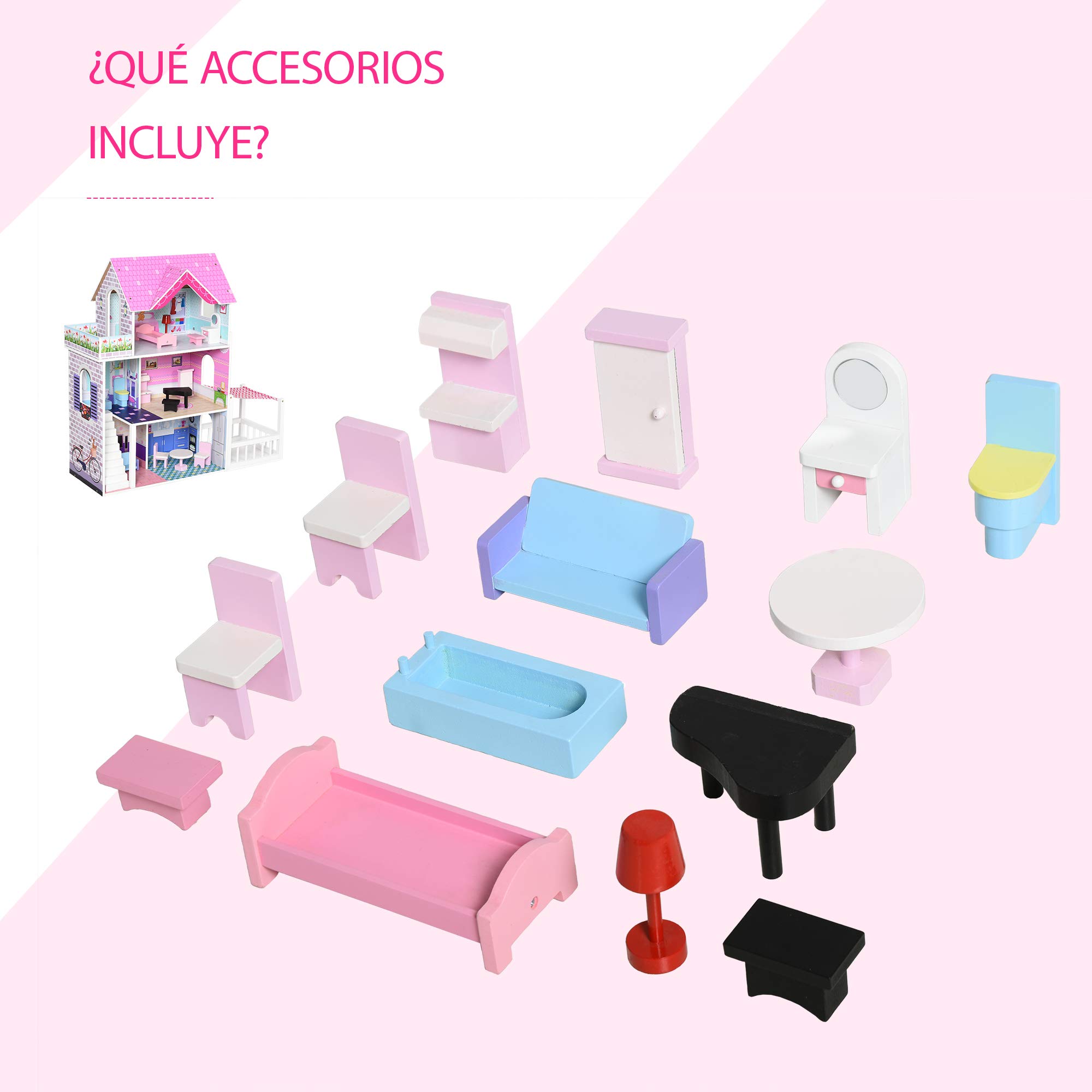 HOMCOM Casa de Muñecas de Madera de 3 Pisos con Patio 86x30x87 cm Rosa | Muebles y Accesorios de 13 Piezas, Diseño Lindo, Casita de Muñecas de Juguete