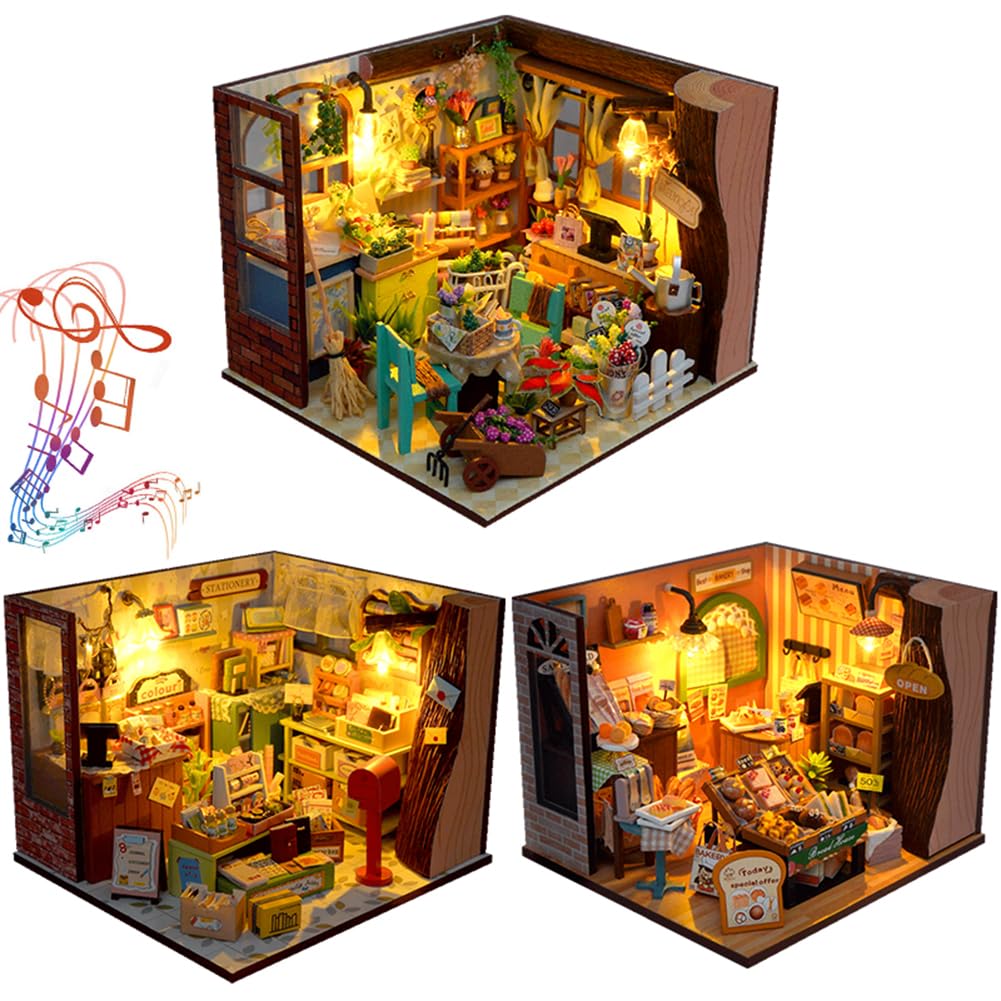 Zestaw do samodzielnego wykonania miniaturowego domu, z oświetleniem LED i pudełkiem na muzykę, z osłoną przeciwpyłową, kreatywny zestaw do majsterkowania, kreatywna figurka dekoracyjna (3 szt.)