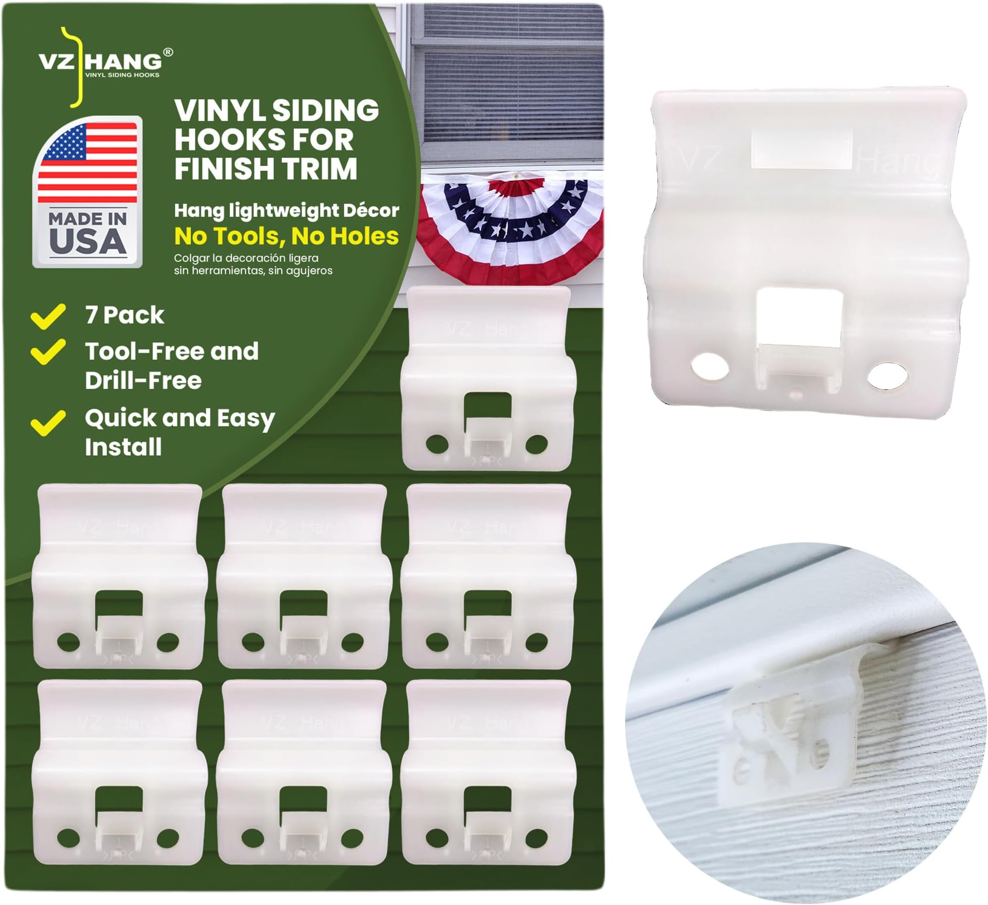 Vinyl Siding Hooks for Finish Trim 7 Pack -Tool-Free and Drill-Free House Hook for Hanging Outdoor Decorations - Lightweight & Durable for Home Exterior - Hang Outdoor Lights Spring Holiday Décor