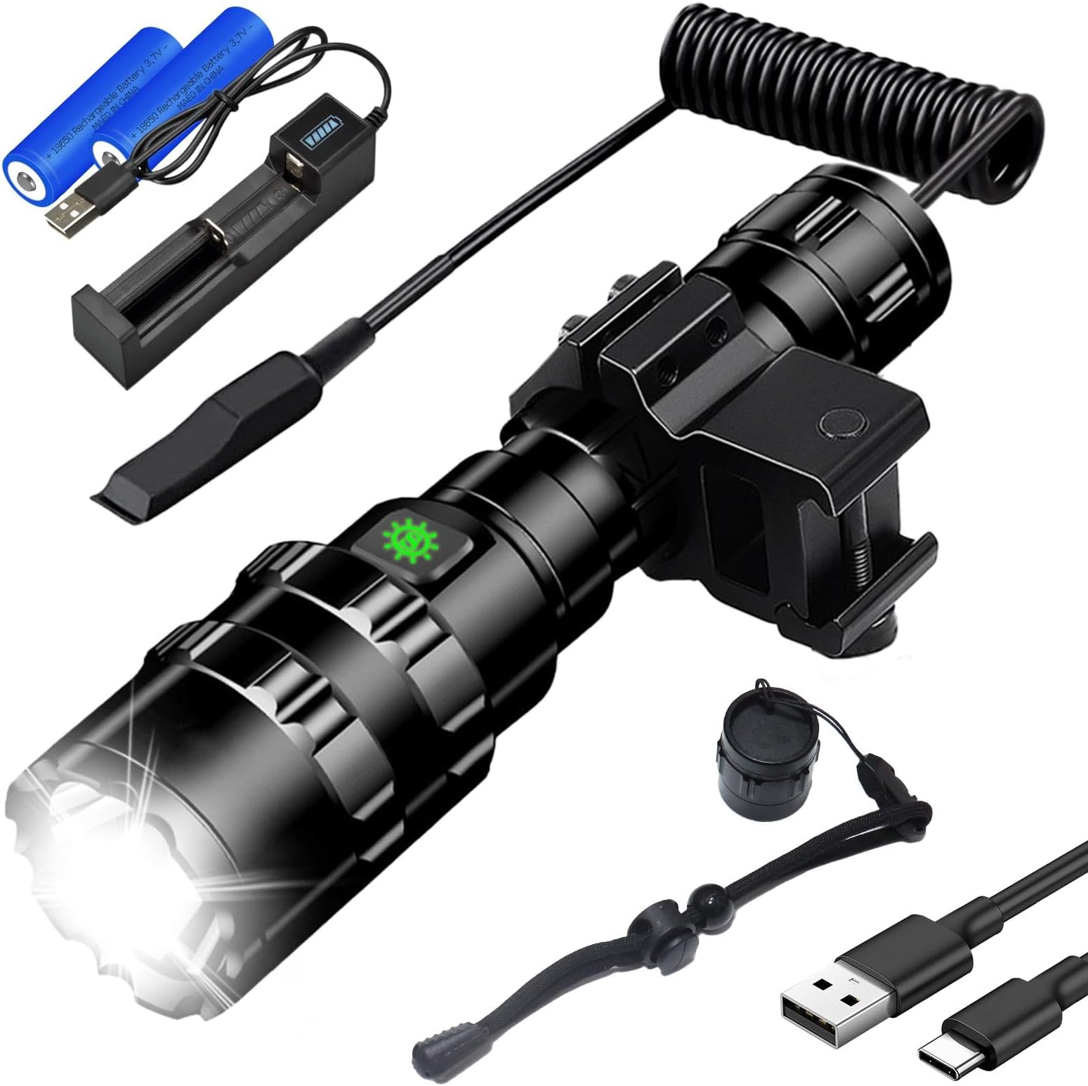 LED Tactical Flashlight with Pressure Switch, Picatinny Rail Mount Flashlight USB Rechargeable Waterproof 5 Modes for Hunting, Camping, Hiking, Outdoor Activities & Emergency