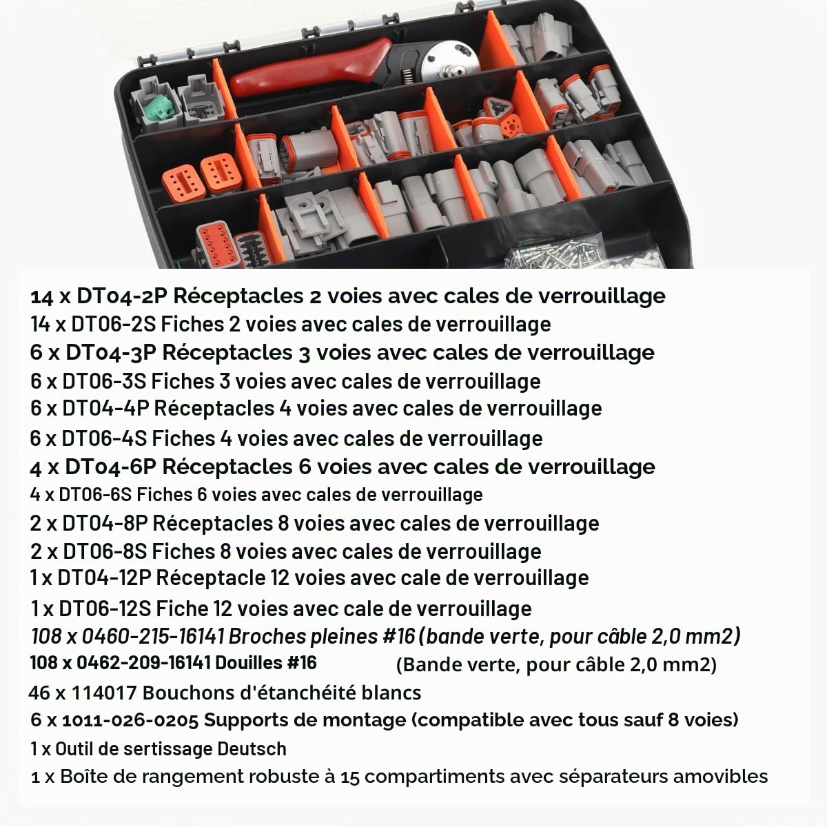 DT Deutsch Kit de connecteurs électriques 438 pièces pour circuits de câblage, boîte d'assortiment étanche avec outil à sertir pour moto, voiture, camion, bateau