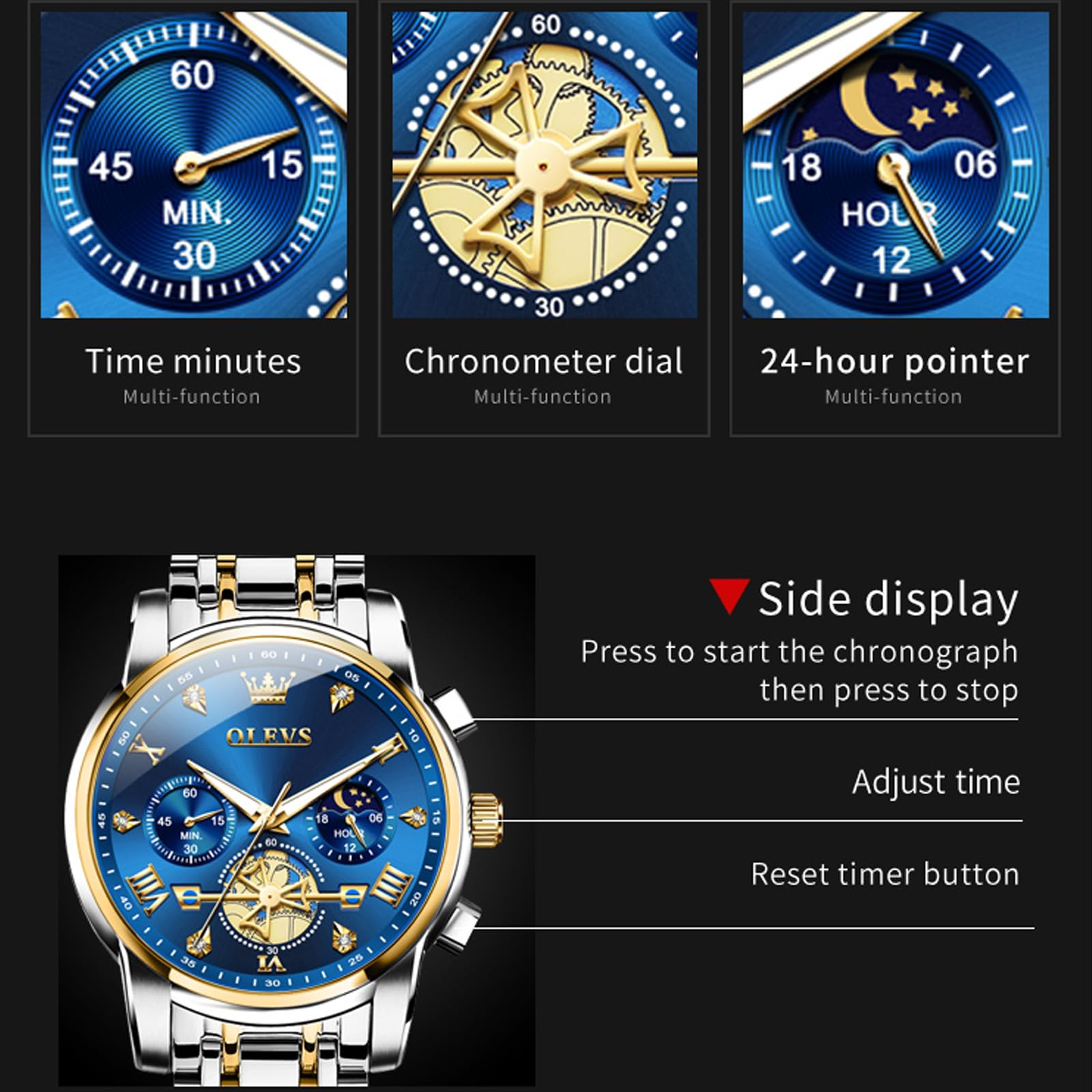 OLEVS Orologio da uomo con codice temporale, cinturino in acciaio inossidabile, impermeabile, multi funzionale, orologio da lavoro, al quarzo, rotondo, lussuoso, per uomo