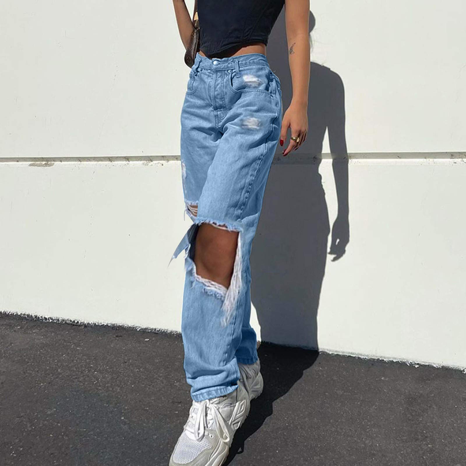 Jeans da donna a vita alta – jeans per adolescenti ragazze boyfriend jeans da donna strappati Y2k Jeans Baggy Denim Jeans Bootcut pantaloni da donna stretch jeans vintage 90 Hip Hop Streetwear, Blu