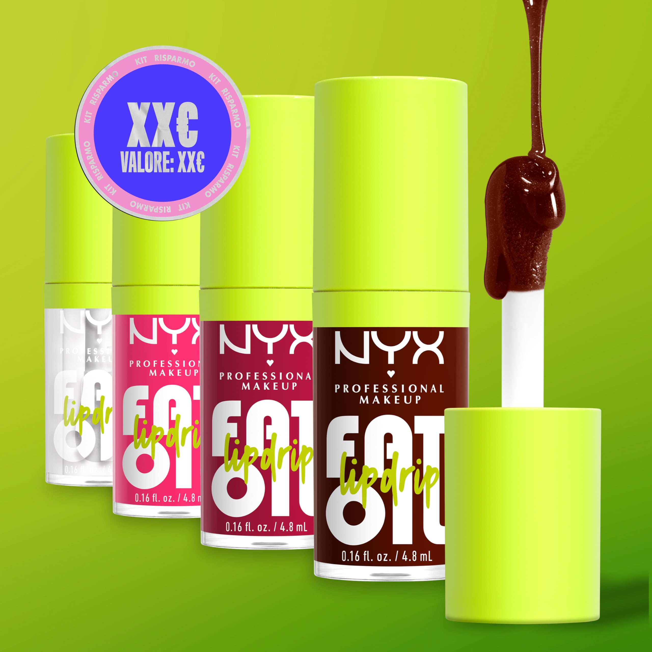 NYX Professional Makeup Set di Gloss Labbra, Finish Extra Brillante, Fino a 12H di Idratazione, Con Maxi Applicatore, Arricchito con Oli di Squalano, Lampone e Camemoro, Fat Oil Lip Drip, 4 Tonalità