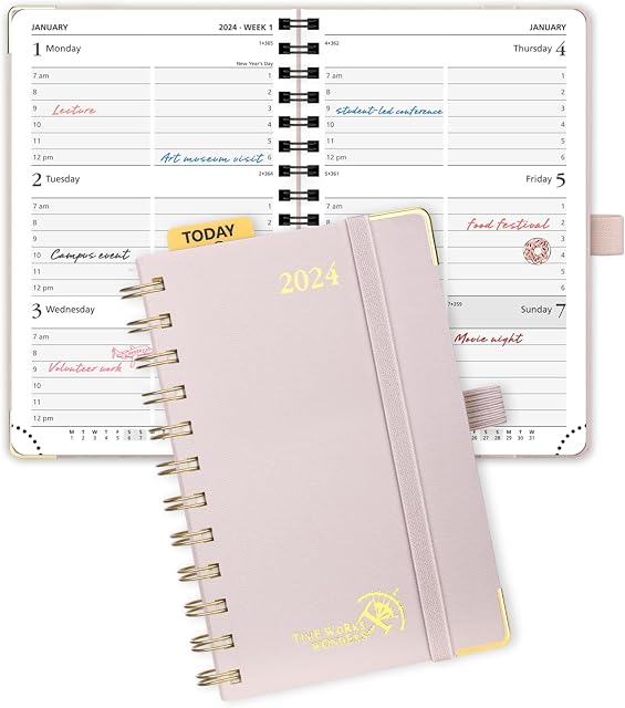 POPRUN 2024 Pocket Diary Week to View A6 Small Diary 16 x 10.5 cm Appointment 24 Weekly Work Planner Dotted Note Page, Spiral Hardcover, 100GSM FSC® Paper - Light Pink