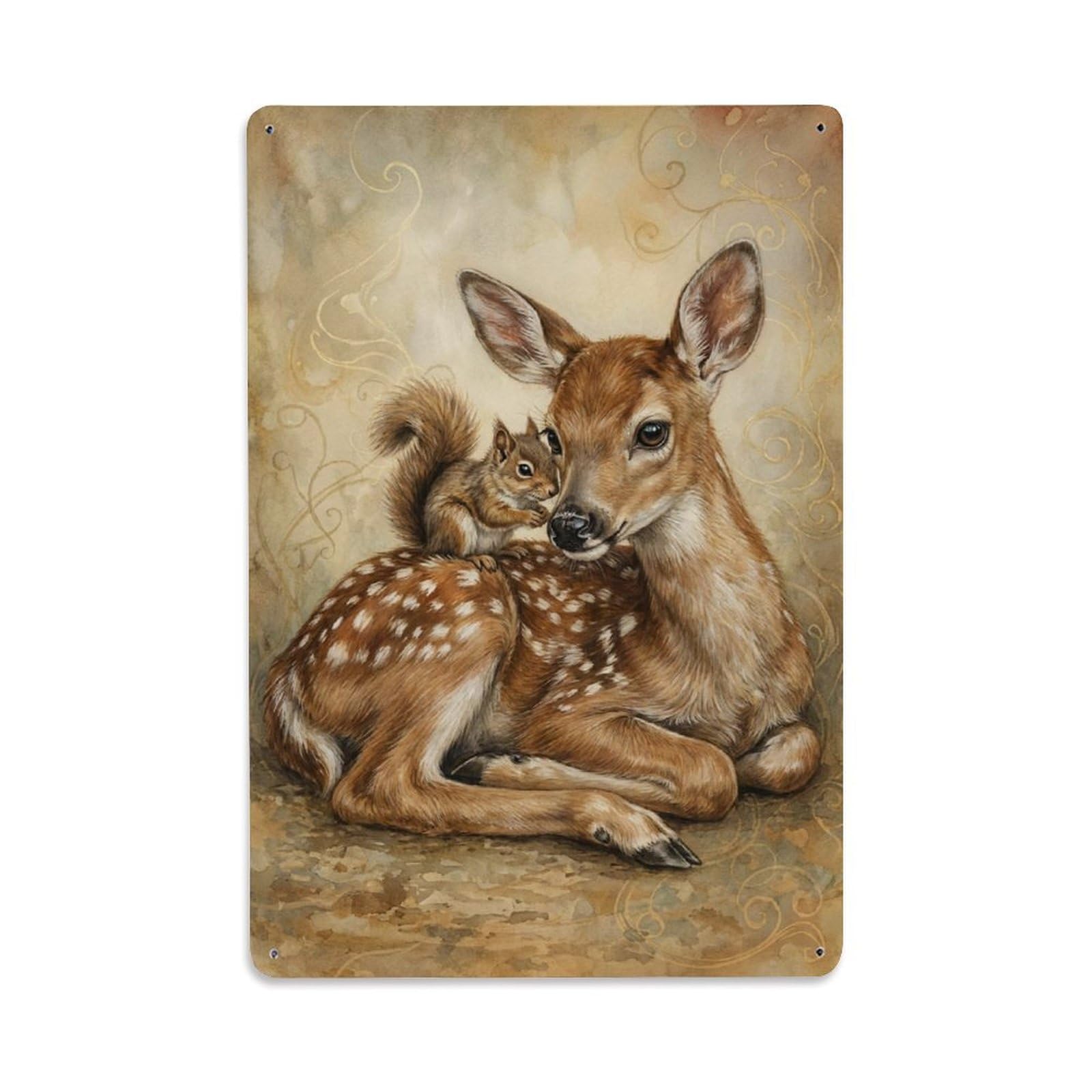 Metal Tin Sign Vintage Animal Cute Fawn & Squirrel Animal Friendship