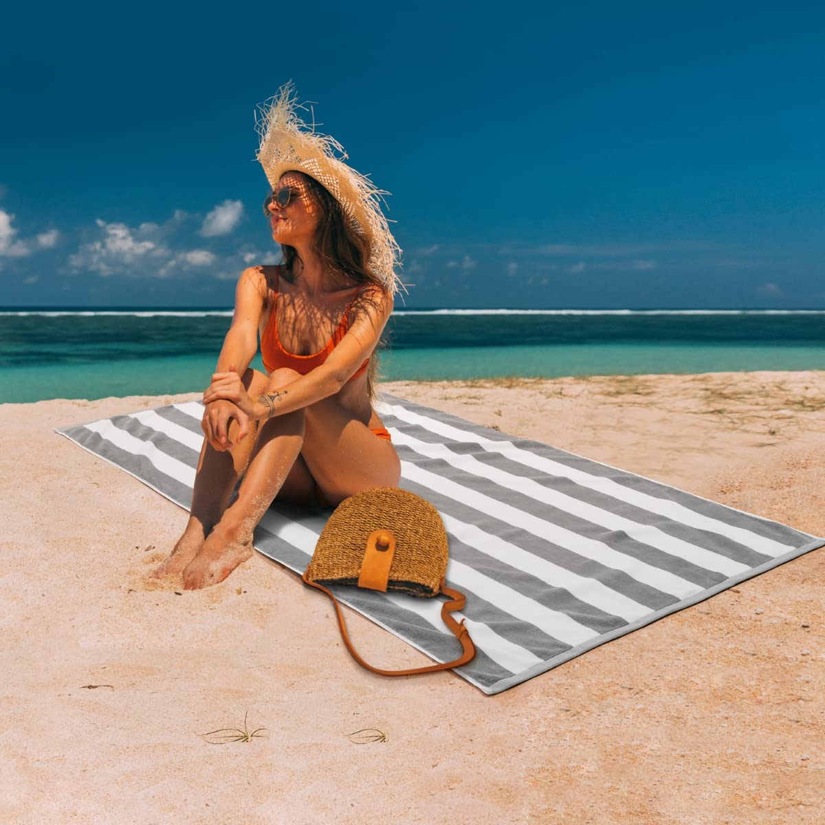 LULUHOME Pluche oversized strandlaken - pluizig katoen 96 x 180 cm marineblauw gestreept badhanddoek, grote zomer zwemmen cabana handdoek