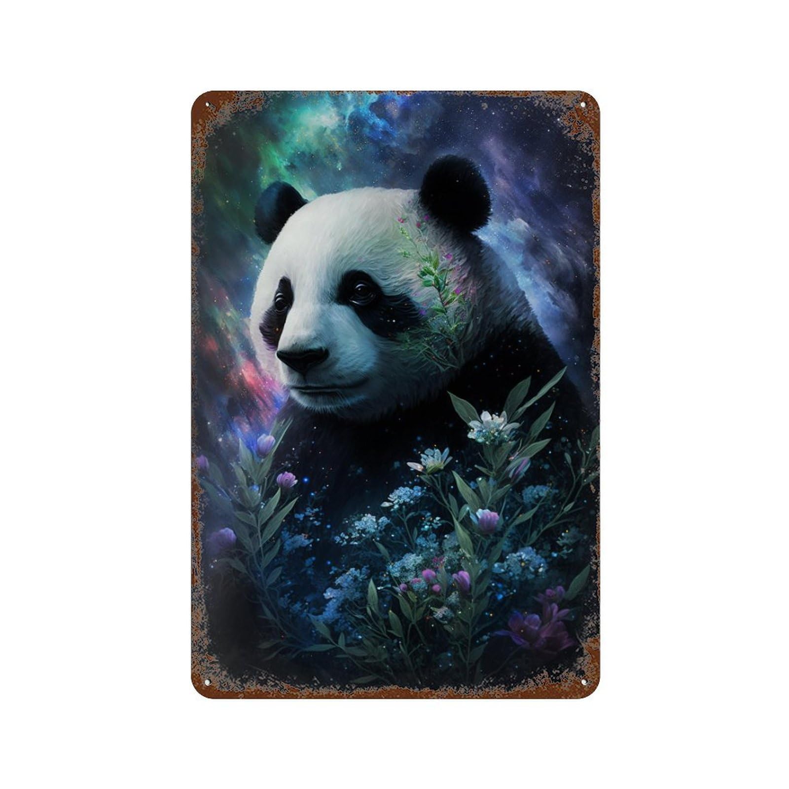 Galactic Panda with Flowers -1 Aged Metal Wall Plaque 11.8"x7.9", for Office, Studio And Wall Decor, Novelty Wall Decor