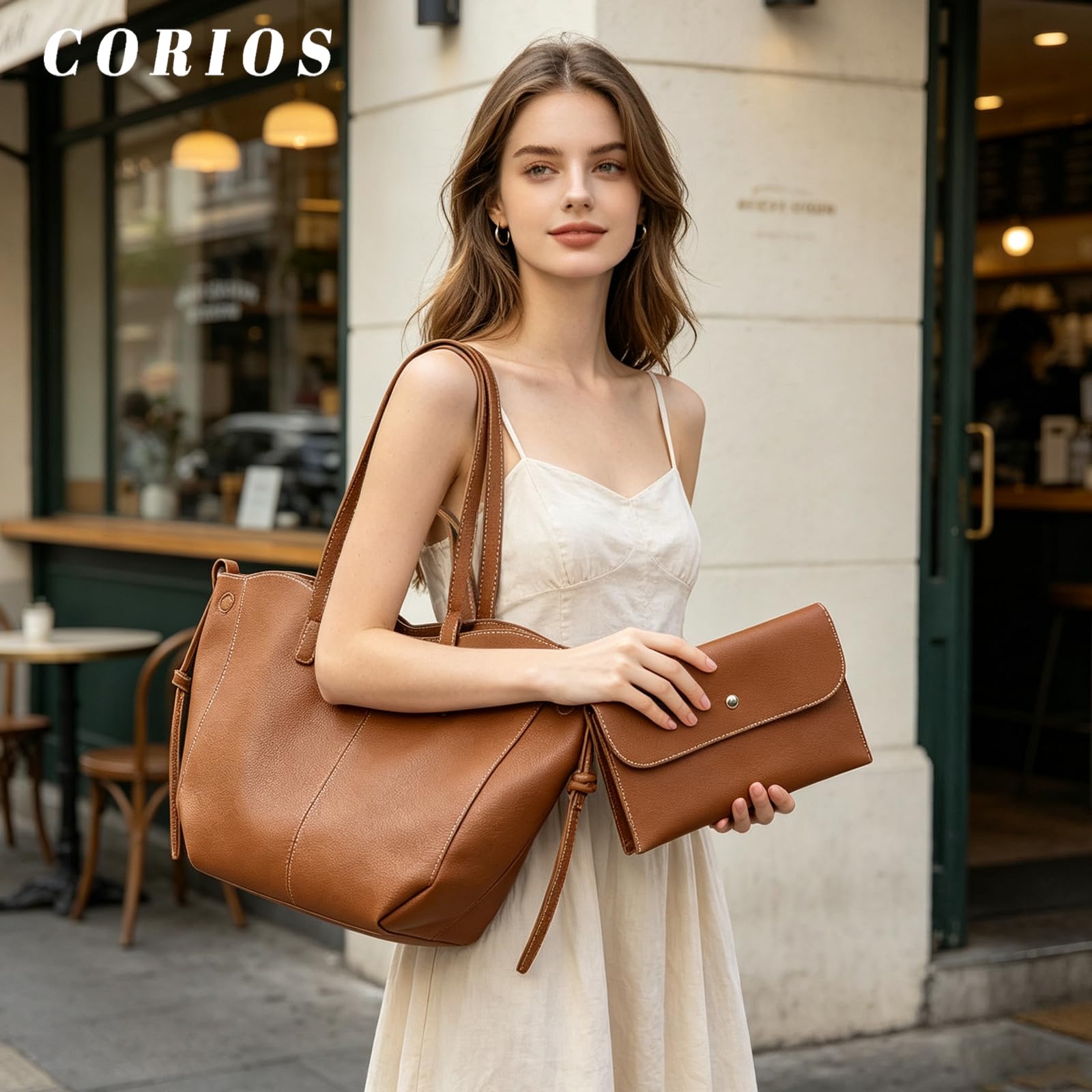Damen Handtasche Flügeltasche Cyme Rindsleder Schultertaschen Eimer Taschen Elegant Tote Beutel Große Kapazität Tragetasche Henkeltaschen 2pcs für Reise Arbeit Shopper Alltag Braun L